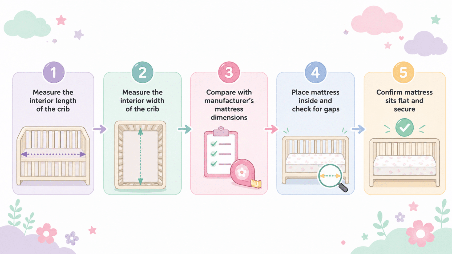 5 steps to measure a crib for the right mattress size shown in pastel illustrated cards