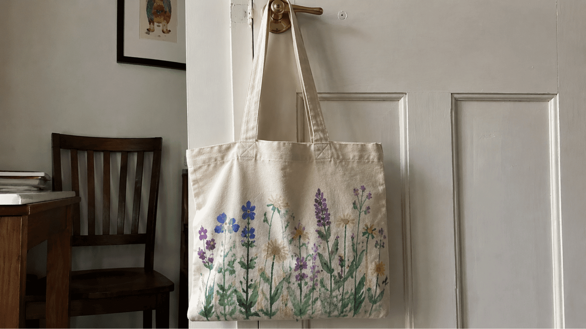 Canvas tote with hand-painted wildflowers on a door hook.
