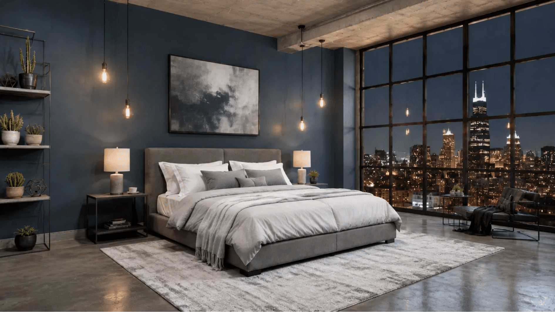 Charcoal blue bedroom with industrial loft decor and city skyline night view