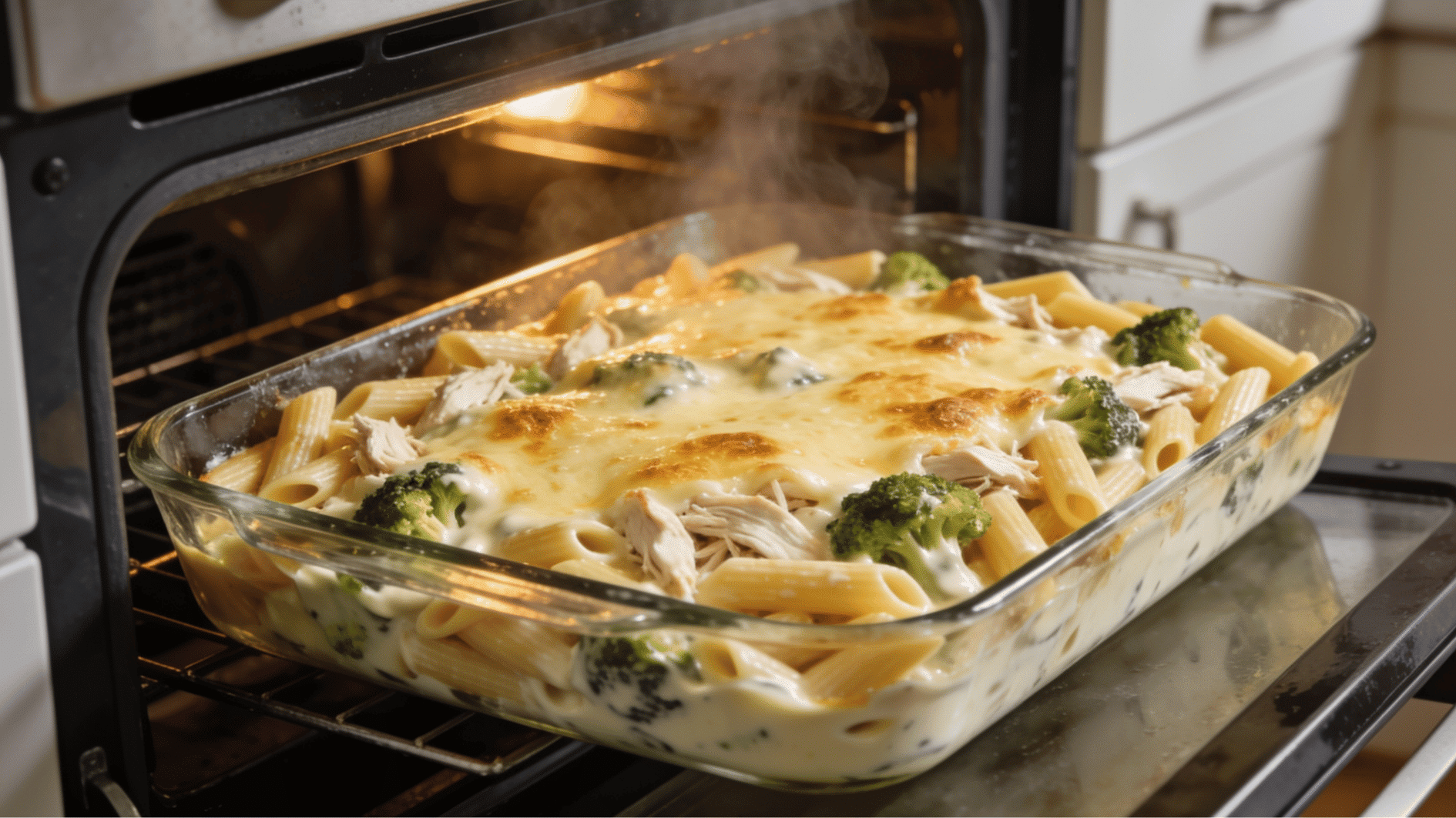 Chicken broccoli alfredo bake bubbling in the oven with golden melted cheese on top