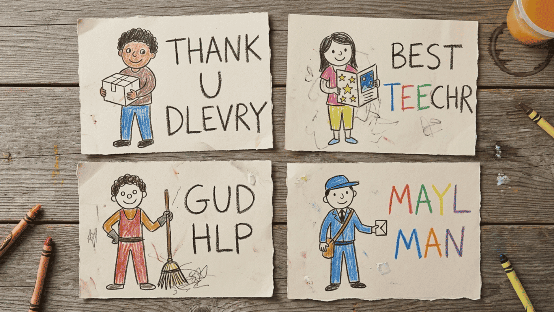 Children's thank-you cards for community helpers on a wooden table