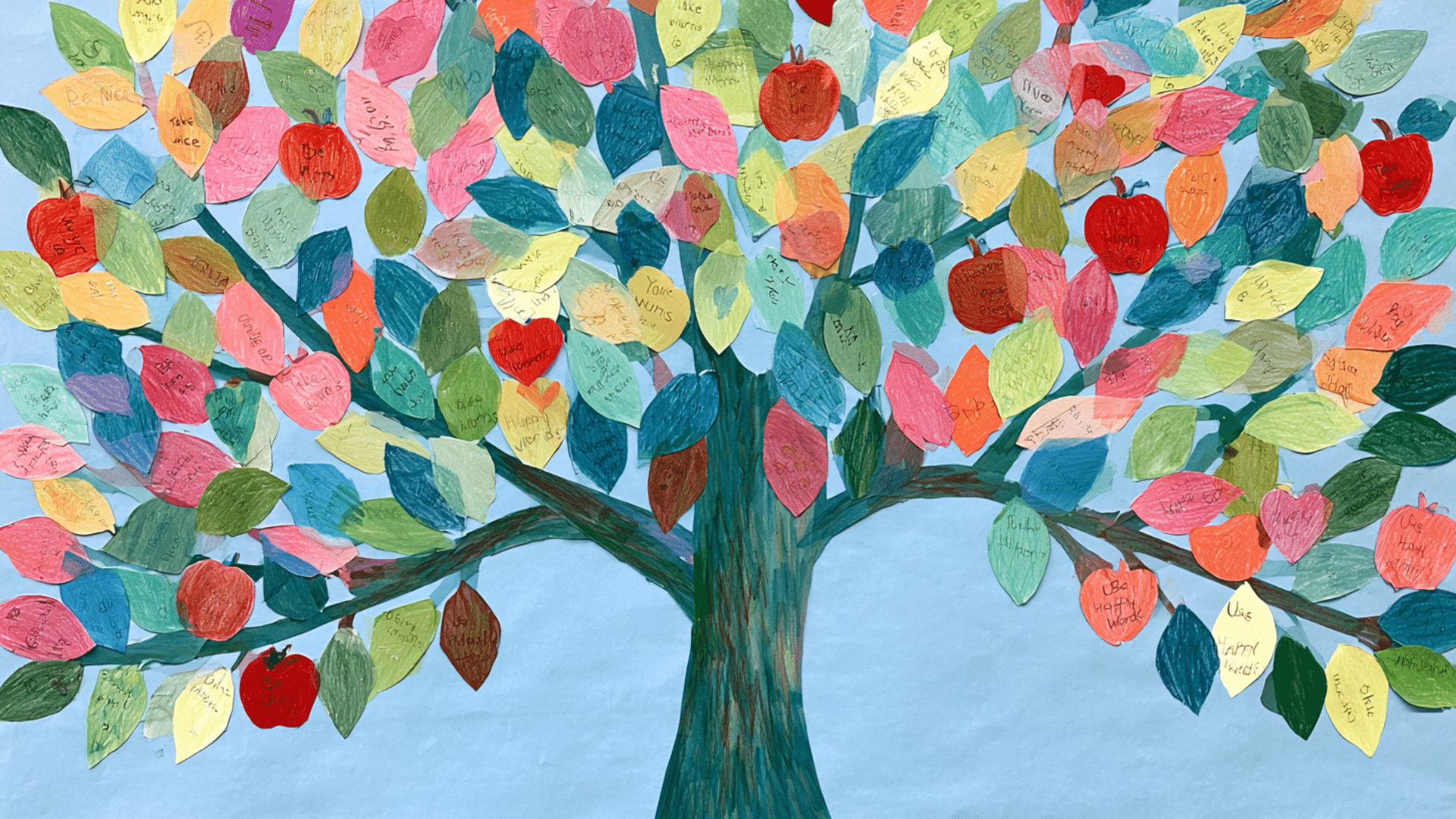Classroom kindness tree with colorful leaves and positive messages