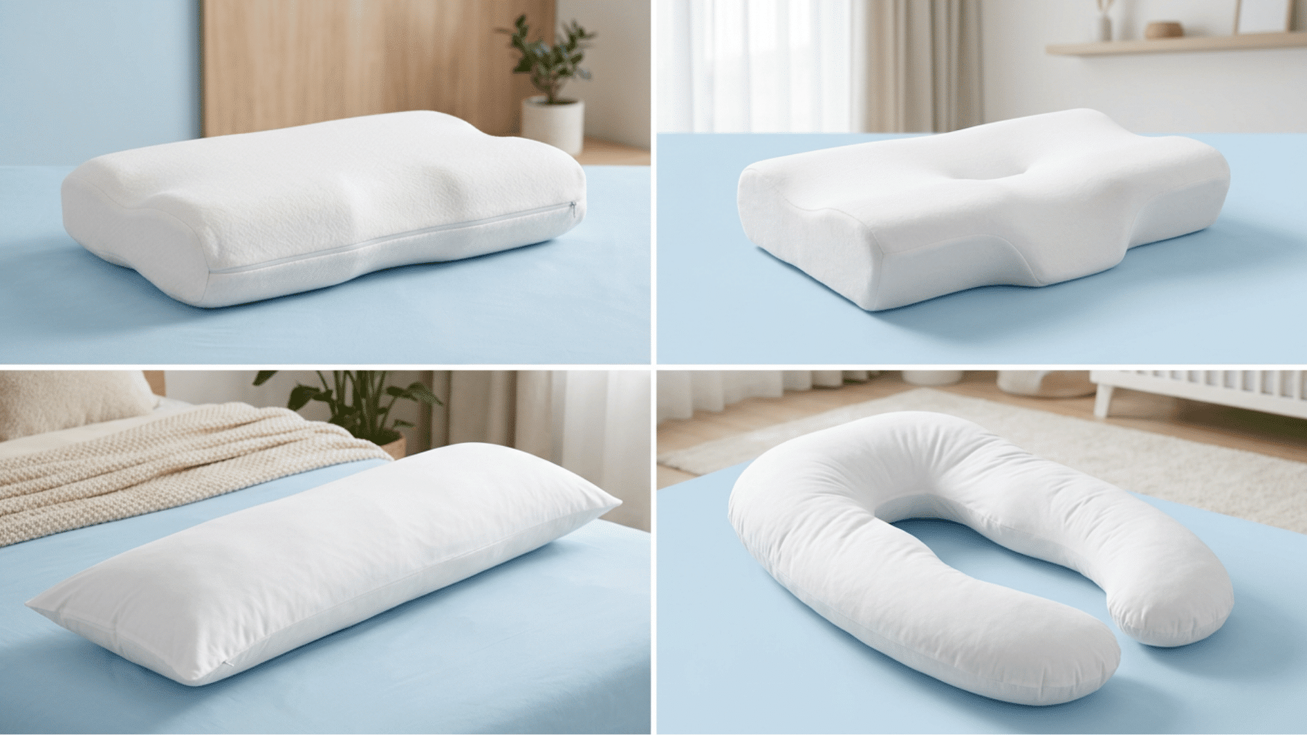 Collage of four different pillow types for better sleep support