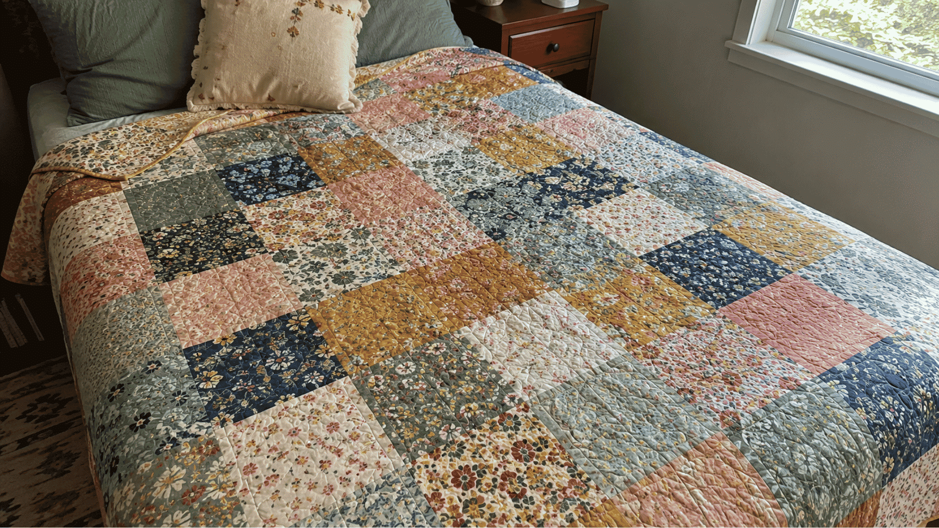 Colorful floral patchwork quilt spread across a bed near a sunlit window.