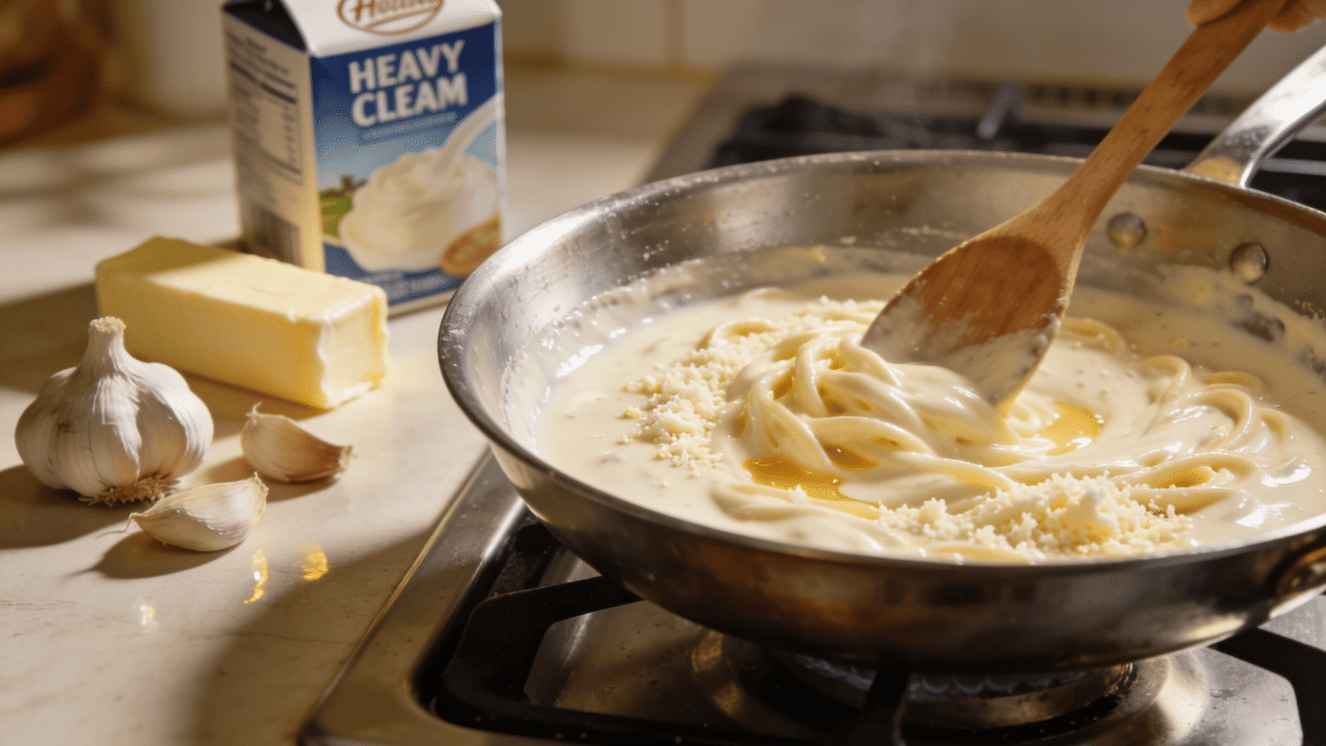 Creamy Alfredo sauce stirred in a skillet with butter, garlic, and heavy cream