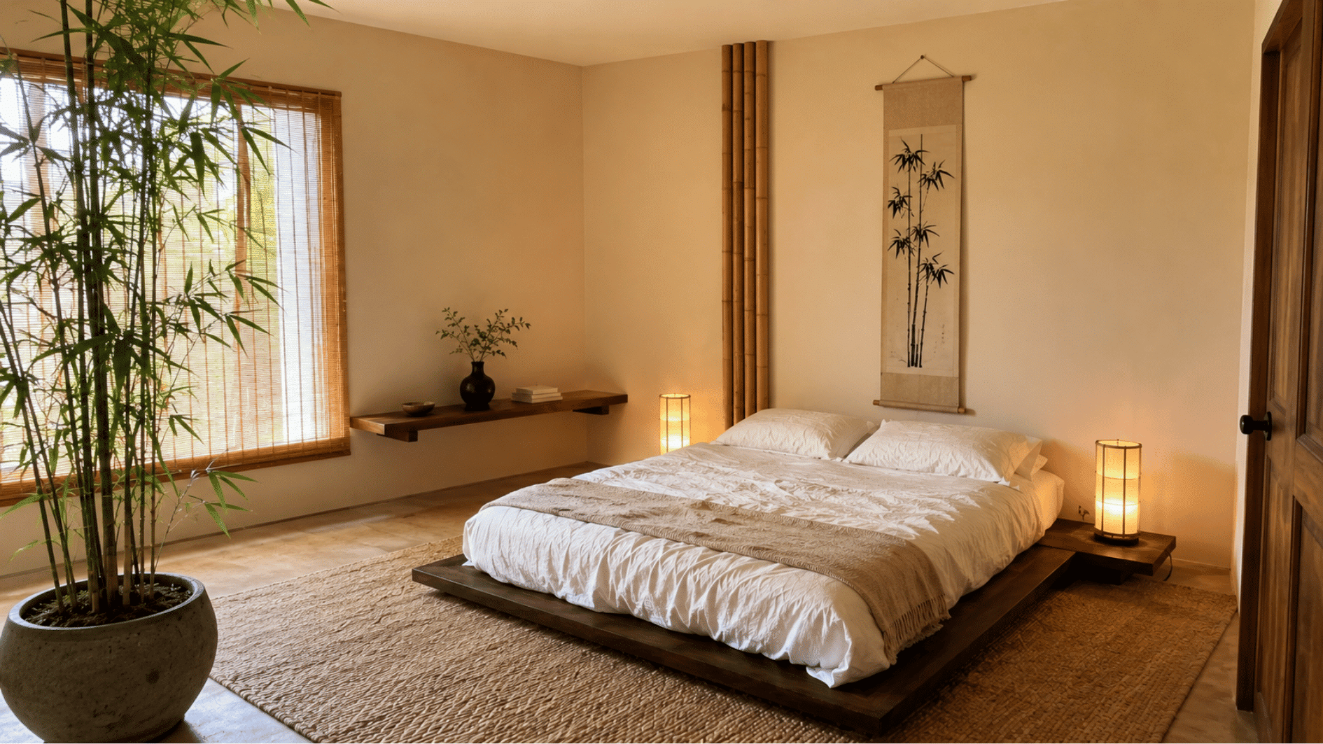 Creamy off-white bedroom with Japanese minimalist decor and warm ambient lighting