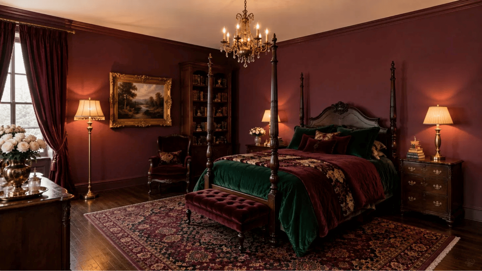 Deep plum burgundy bedroom with Victorian maximalist decor and four poster bed