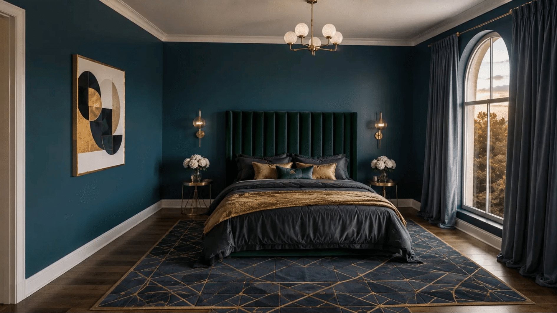 Deep teal bedroom with Art Deco decor and city view arched window