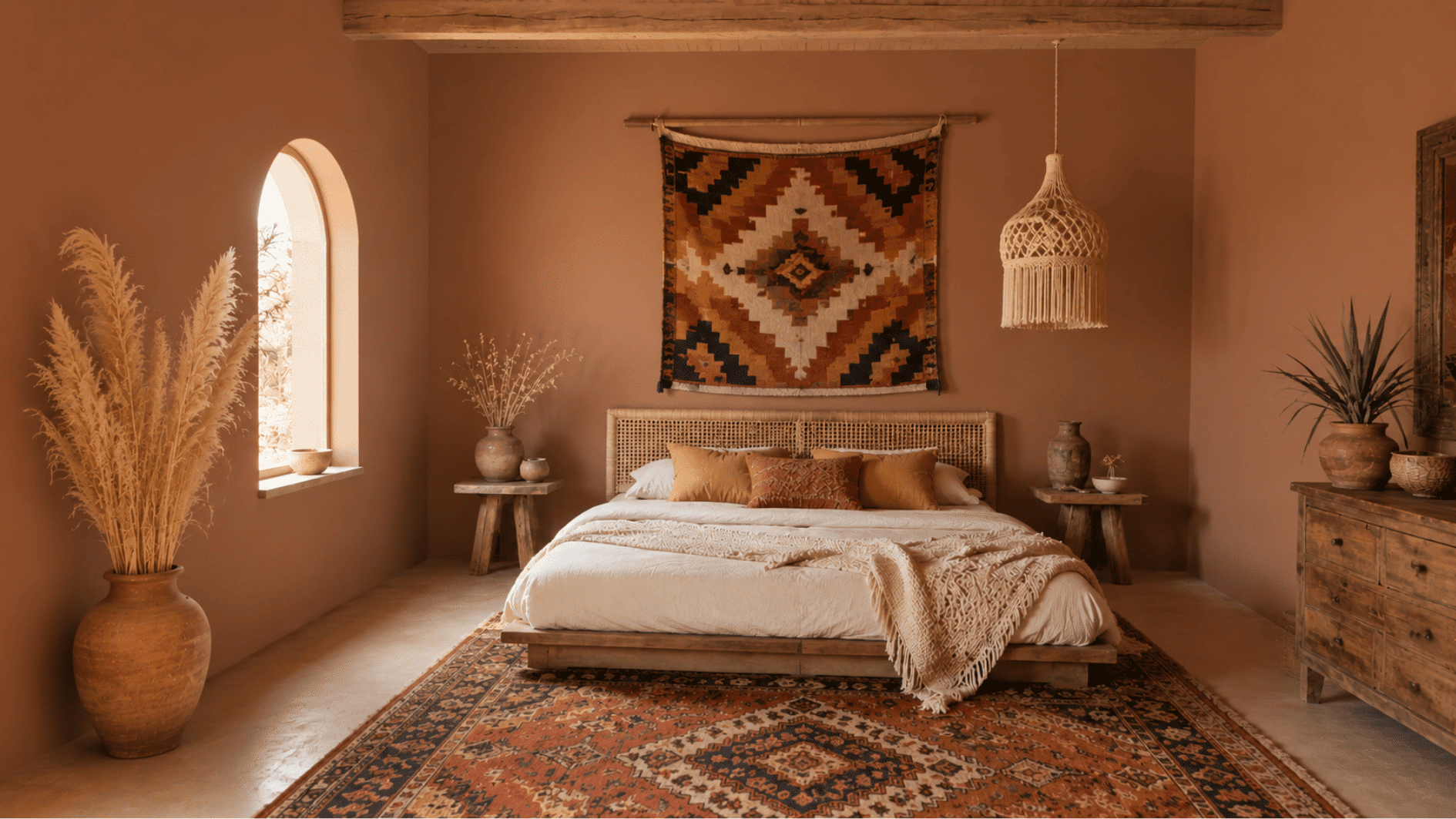 Earthy terracotta bedroom with Southwestern bohemian decor and kilim rug
