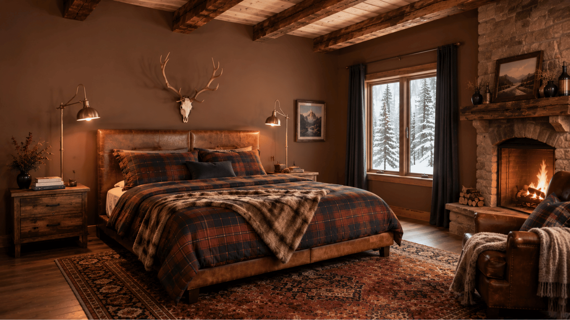 Espresso brown bedroom with mountain lodge decor and stone fireplace