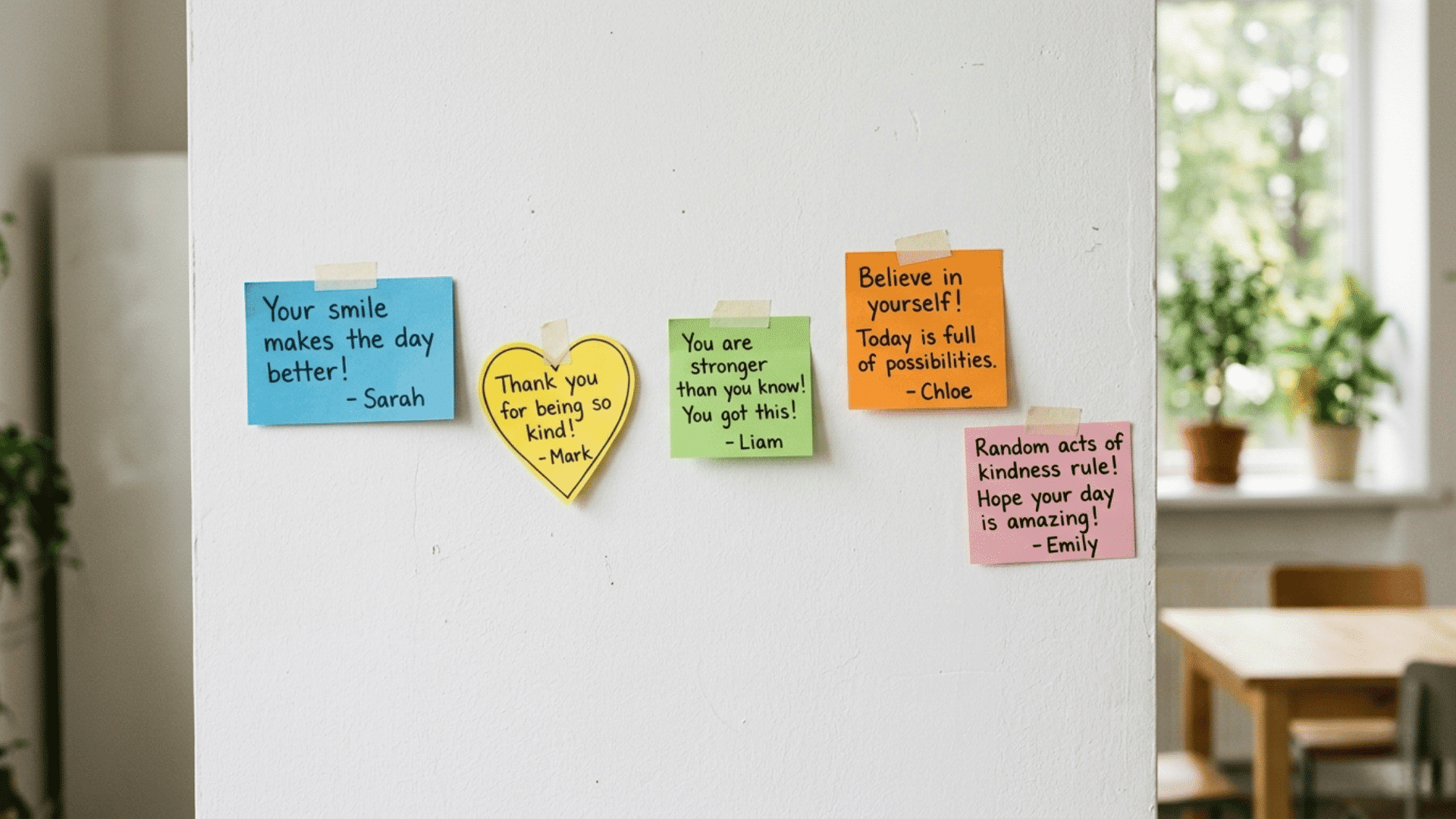 Five colorful sticky notes with positive messages taped to a white wall