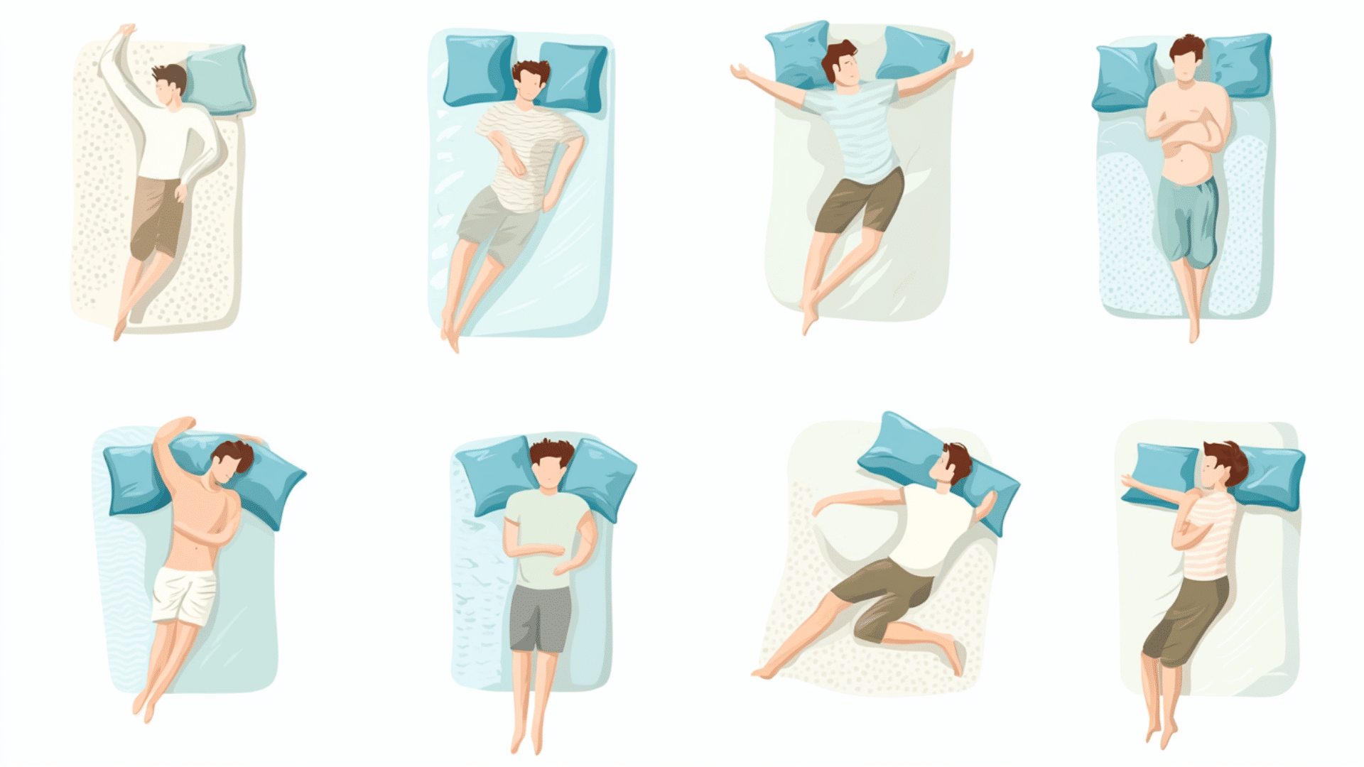 Flat vector illustration of multiple sleeping positions shown from top view simple human figures lying with blue pillows clean white background soft pastel colors minimal modern style clear body p