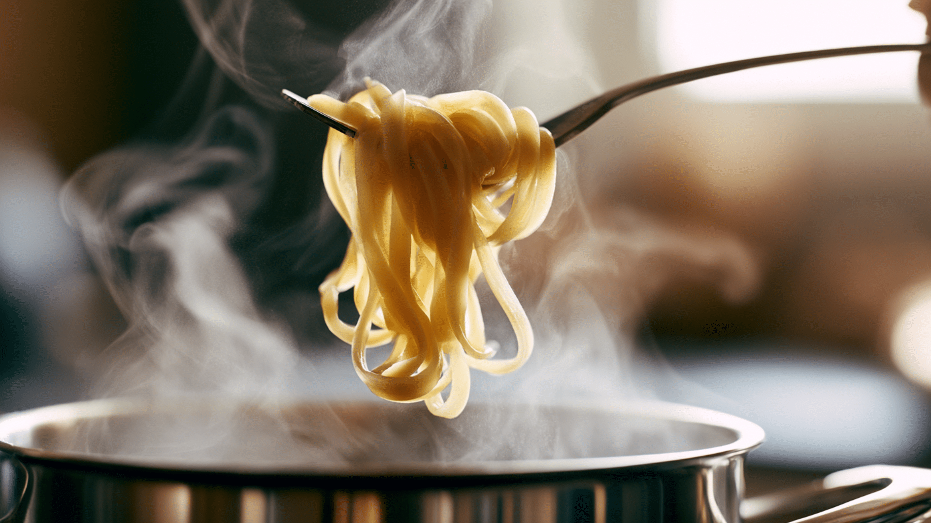 Fork lifting steaming spaghetti from a hot pot of pasta on a stove
