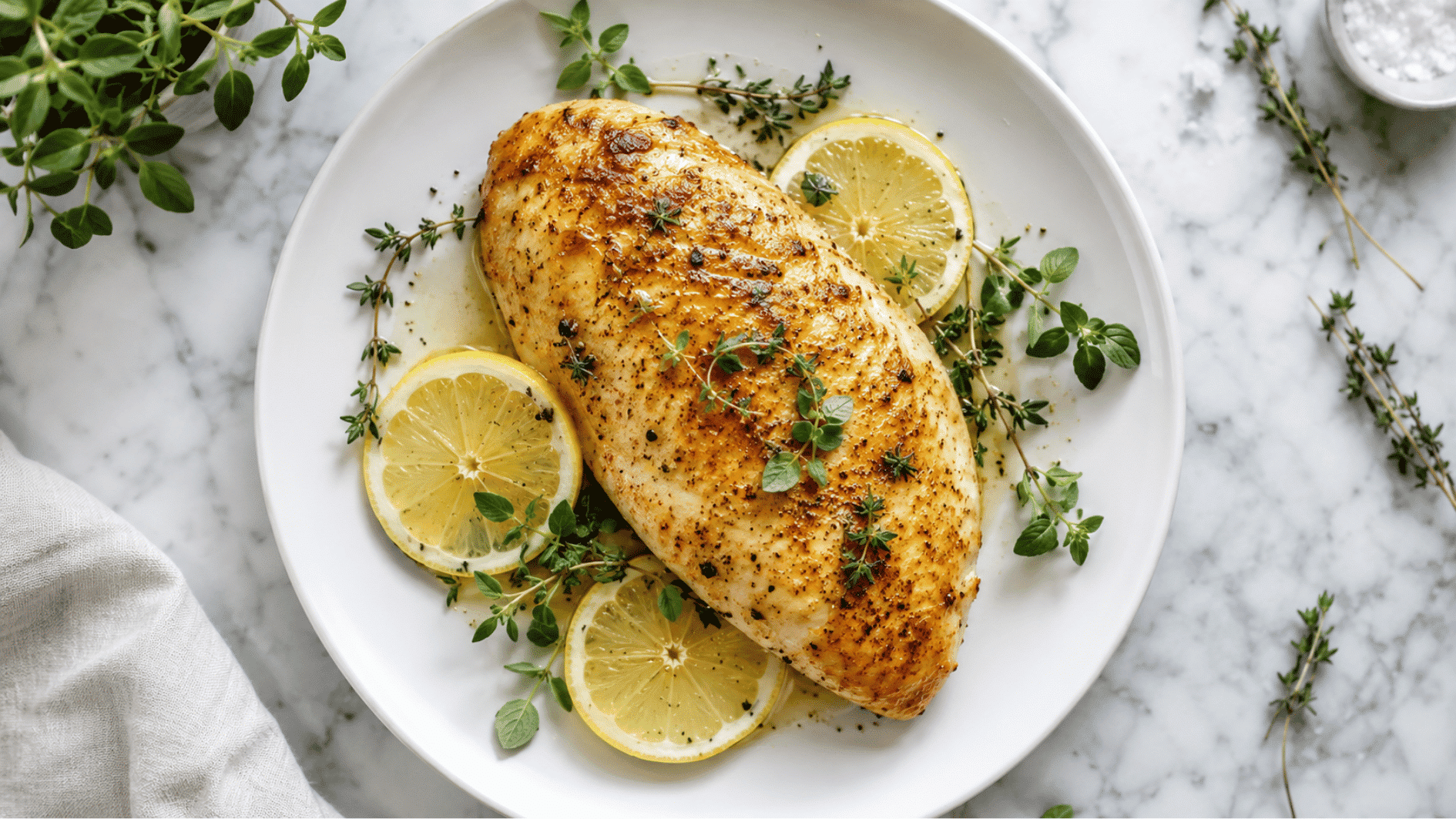 Golden baked chicken breast garnished with fresh thyme, oregano, and lemon slices on a white plate with marble background