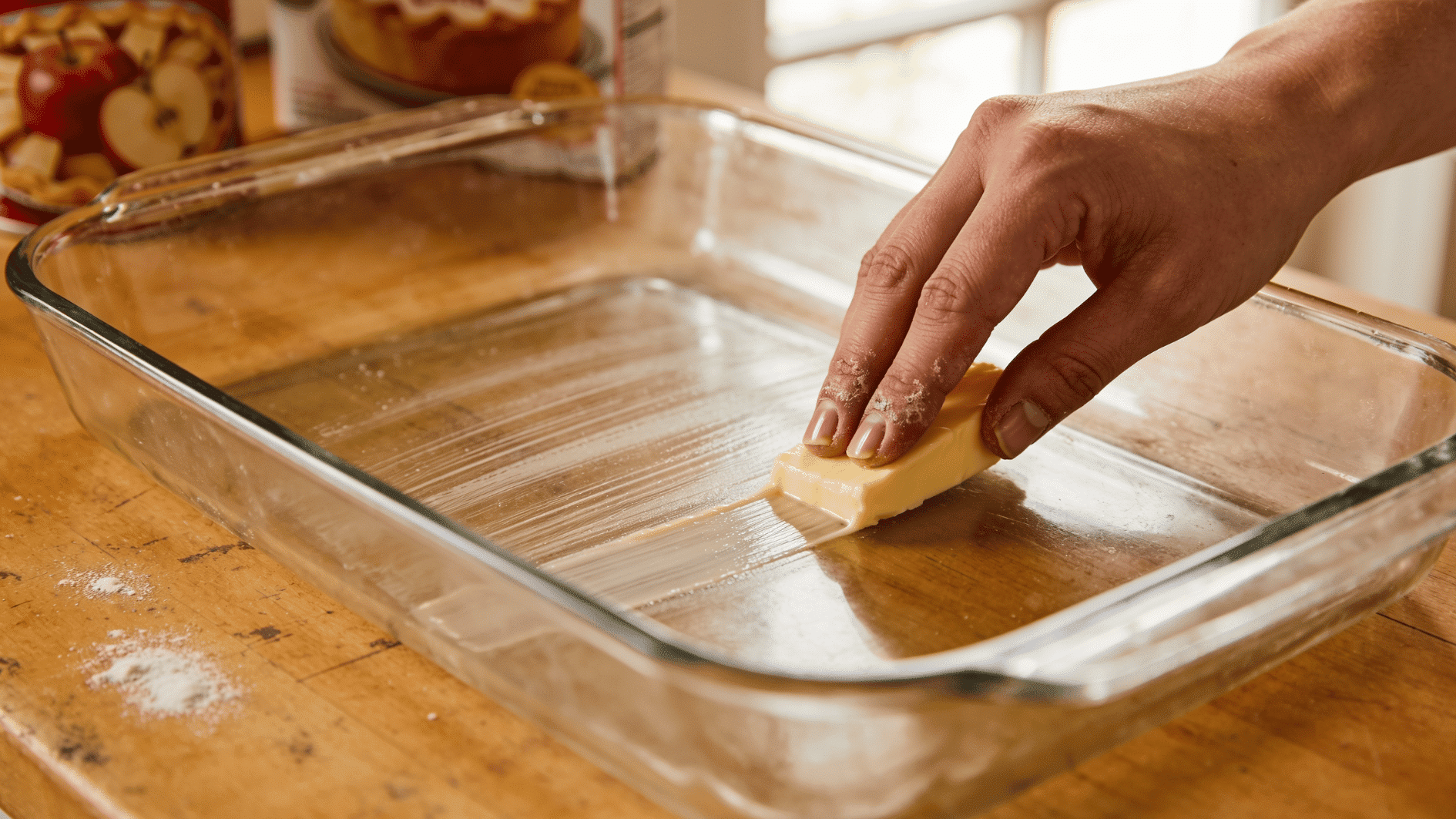 Greasing the baking dish with butter