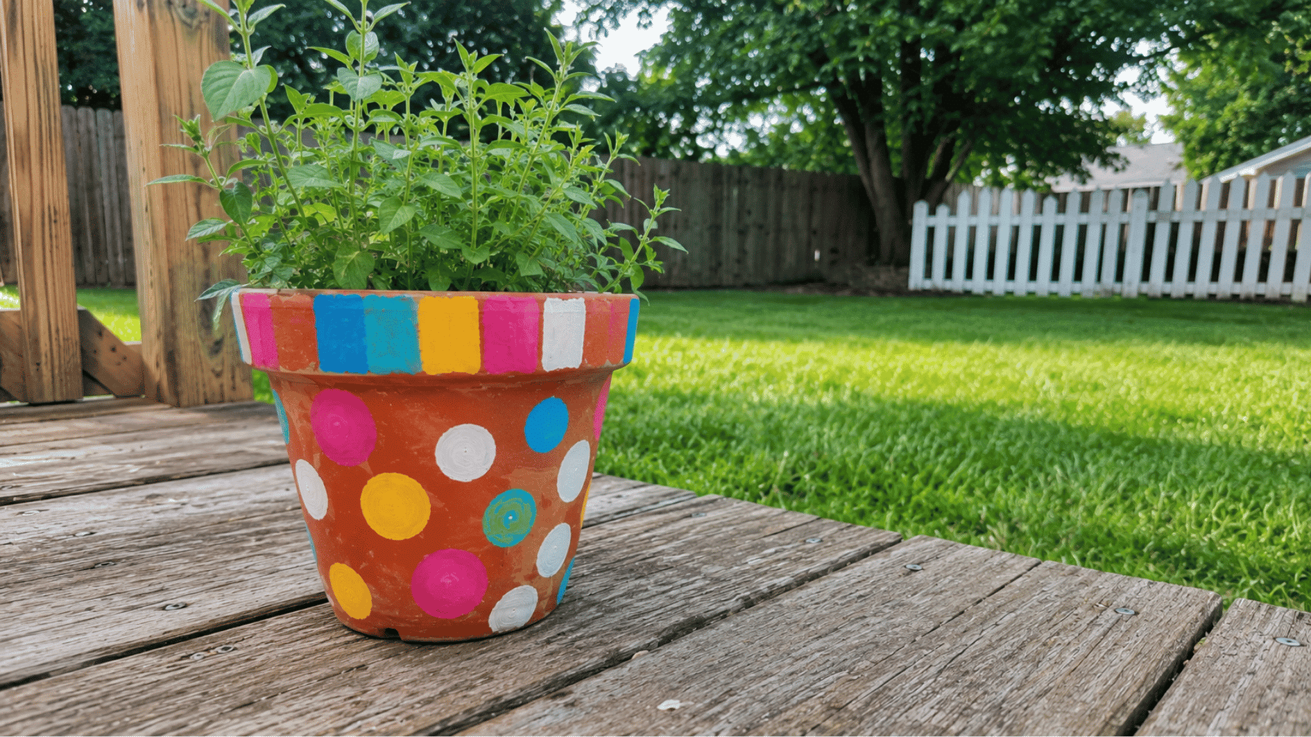 Hand-painted polka dot terracotta pot on a backyard deck.