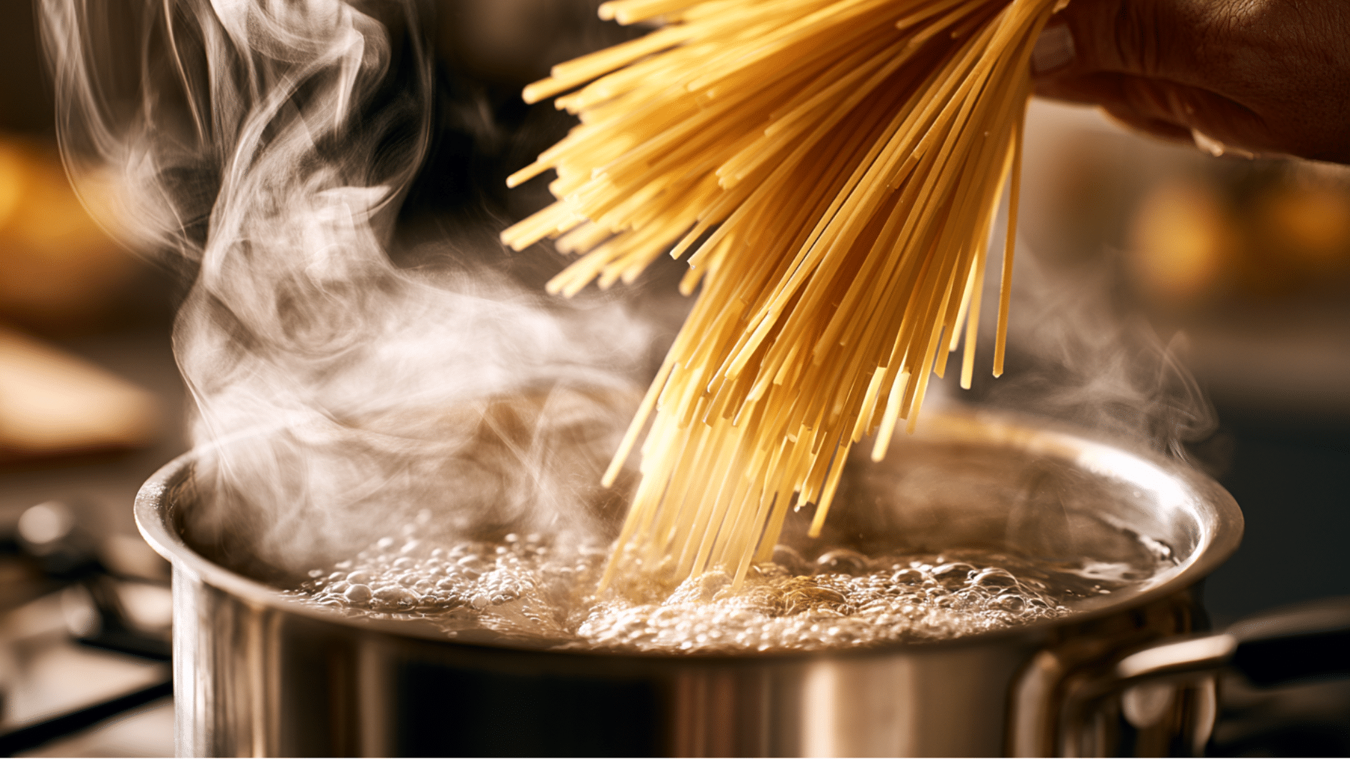 Hand placing spaghetti into a steaming pot of boiling water on a stove