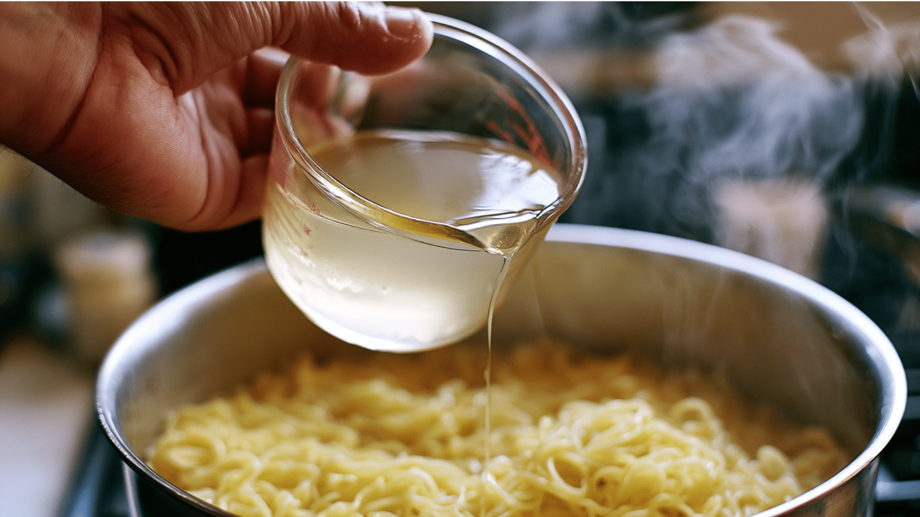 Hand pouring pasta water from a glass measuring cup into a pot of cooked spaghetti