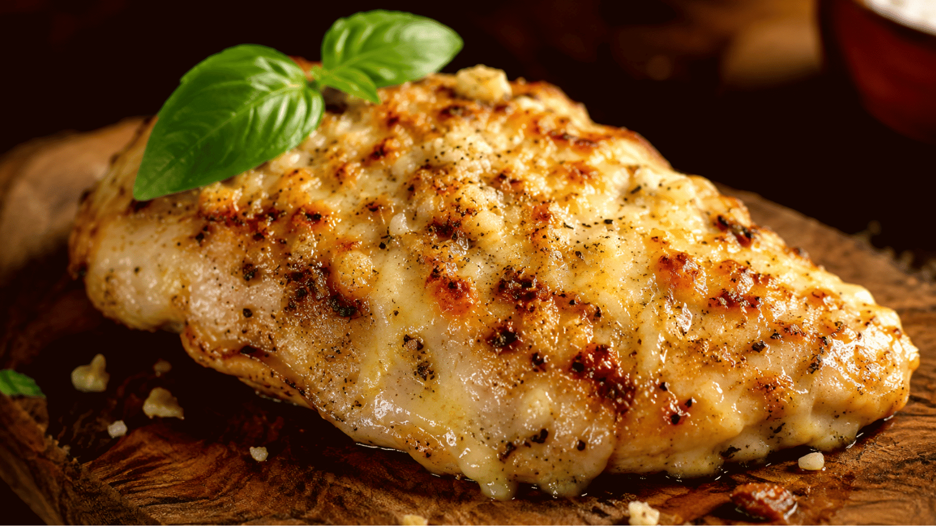 Juicy garlic Parmesan baked chicken breast with golden melted cheese crust on a rustic wooden board garnished with fresh basil