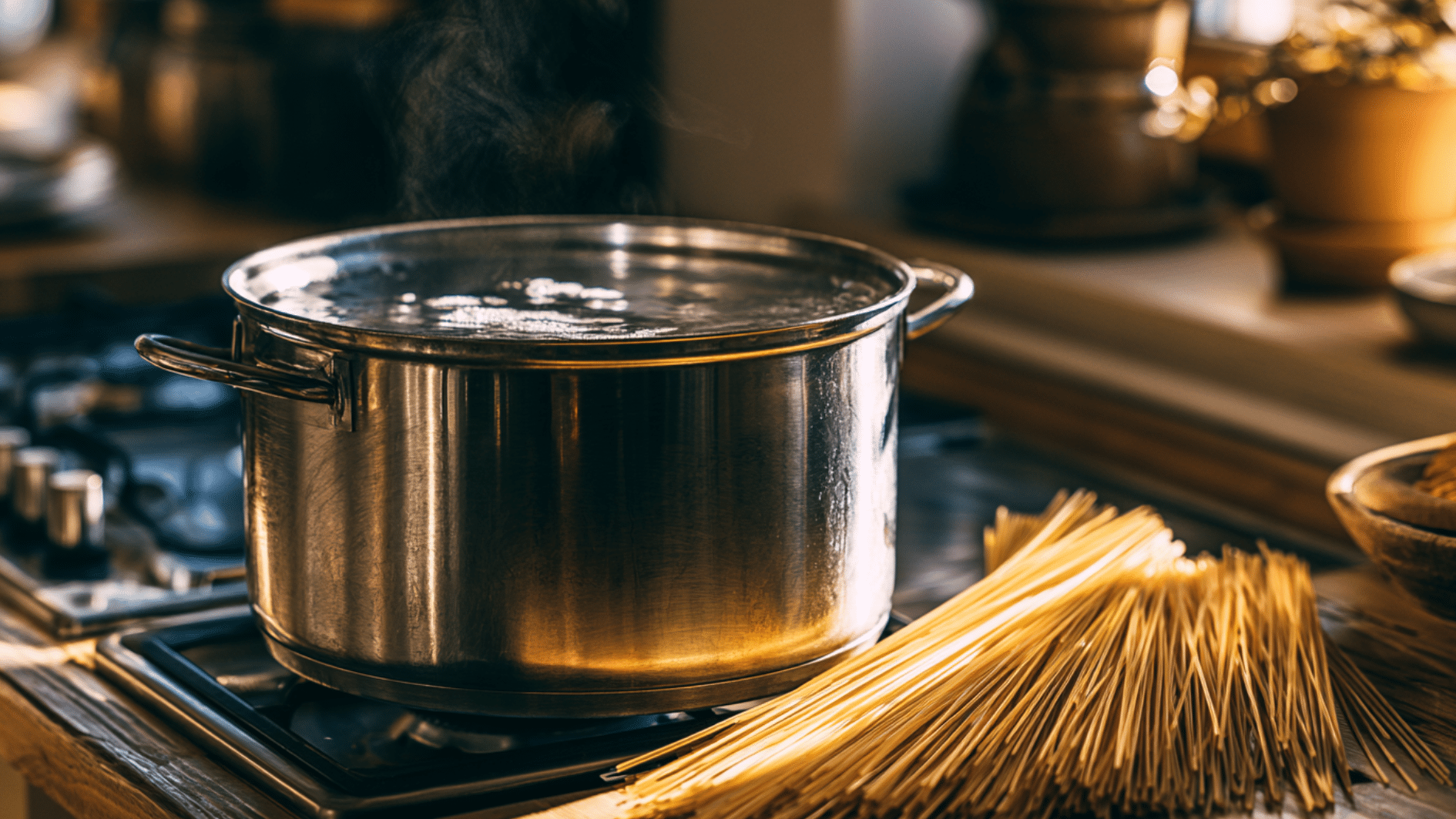Large pot of boiling water on a stovetop beside uncooked spaghetti in a warm kitchen