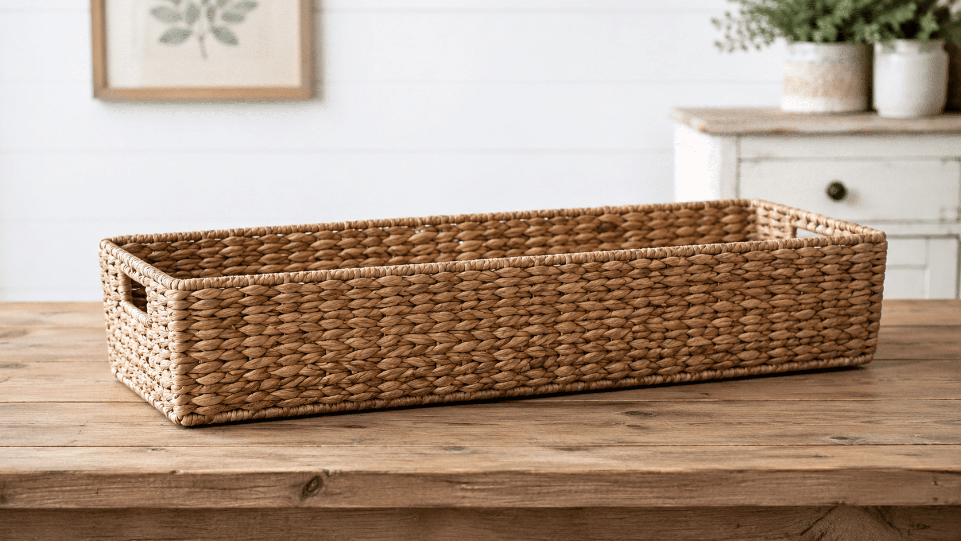 Long woven storage basket on a wooden table in a bright farmhouse-style room.