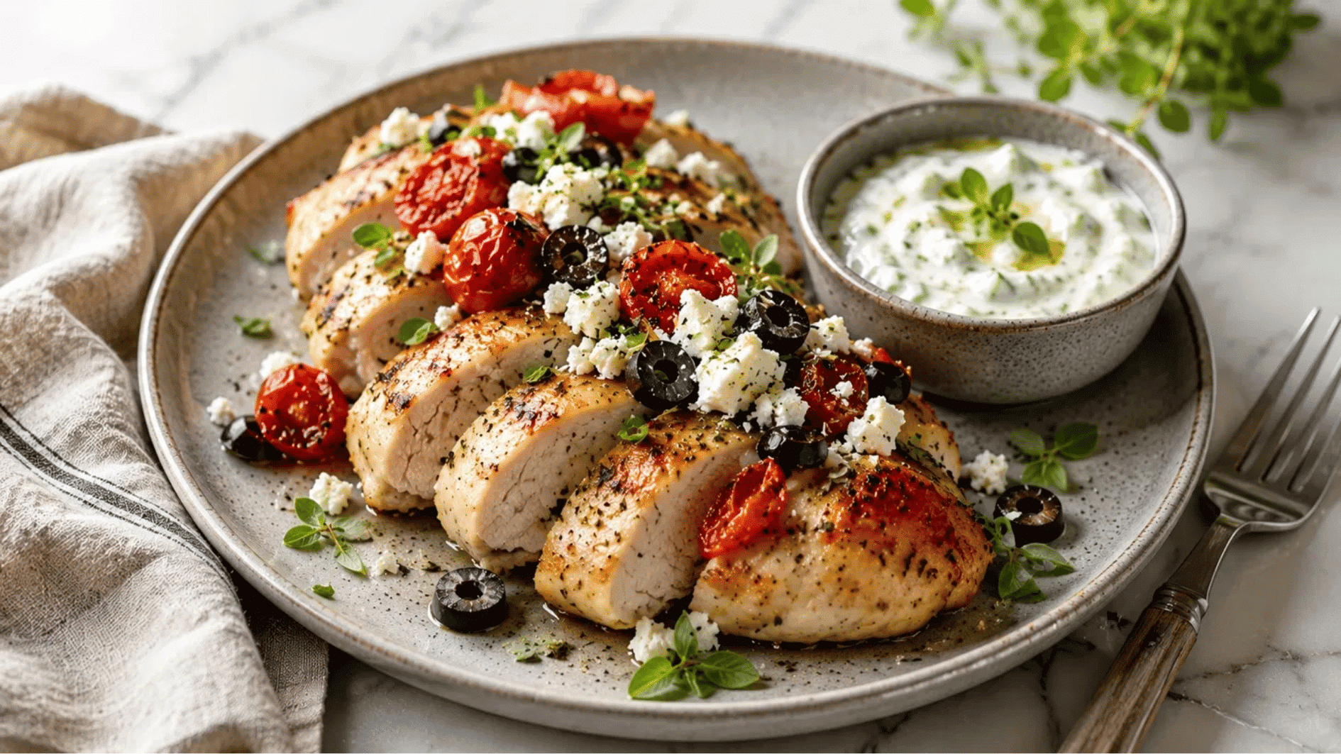Mediterranean baked chicken with roasted tomatoes, black olives, and crumbled feta cheese on a gray plate