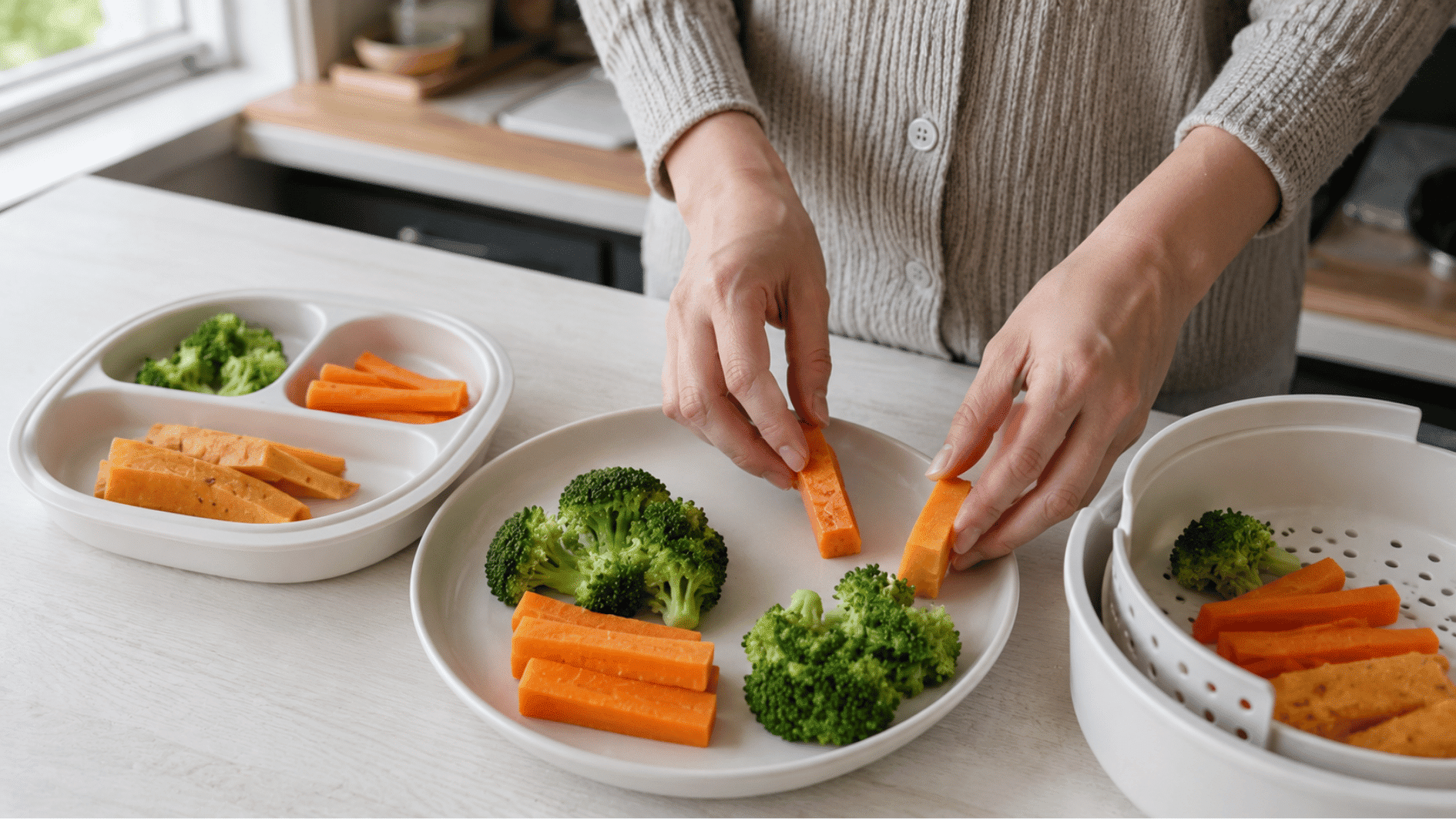 Mother's hands placing steamed carrots and broccoli on a baby plate for baby-led weaning meal.