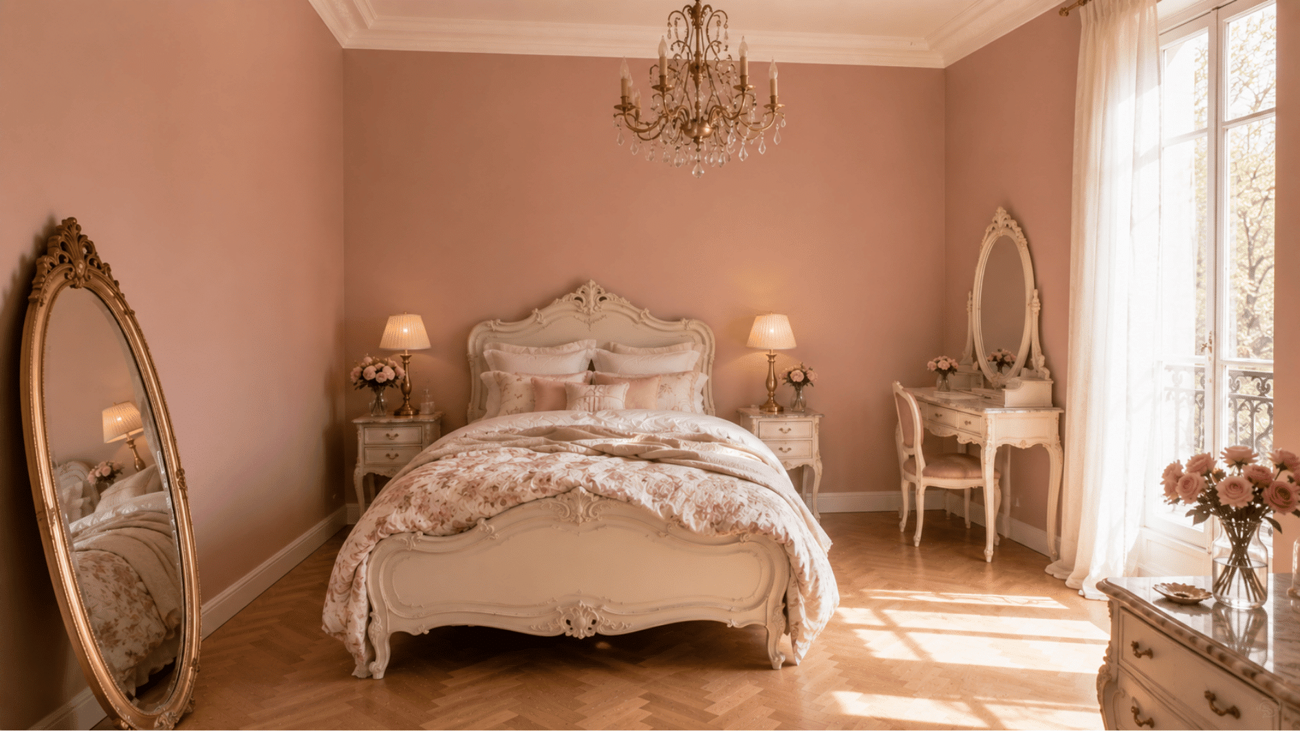 Muted blush pink bedroom with Parisian decor and ornate white carved bed