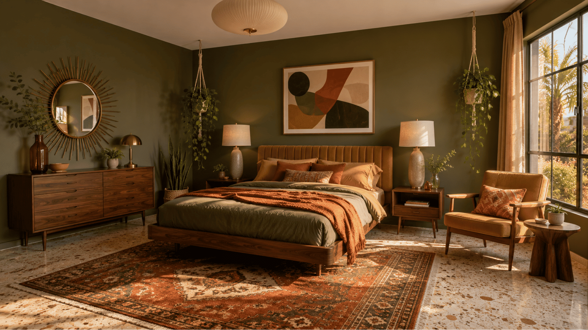 Olive green bedroom with mid century modern decor and terrazzo floor
