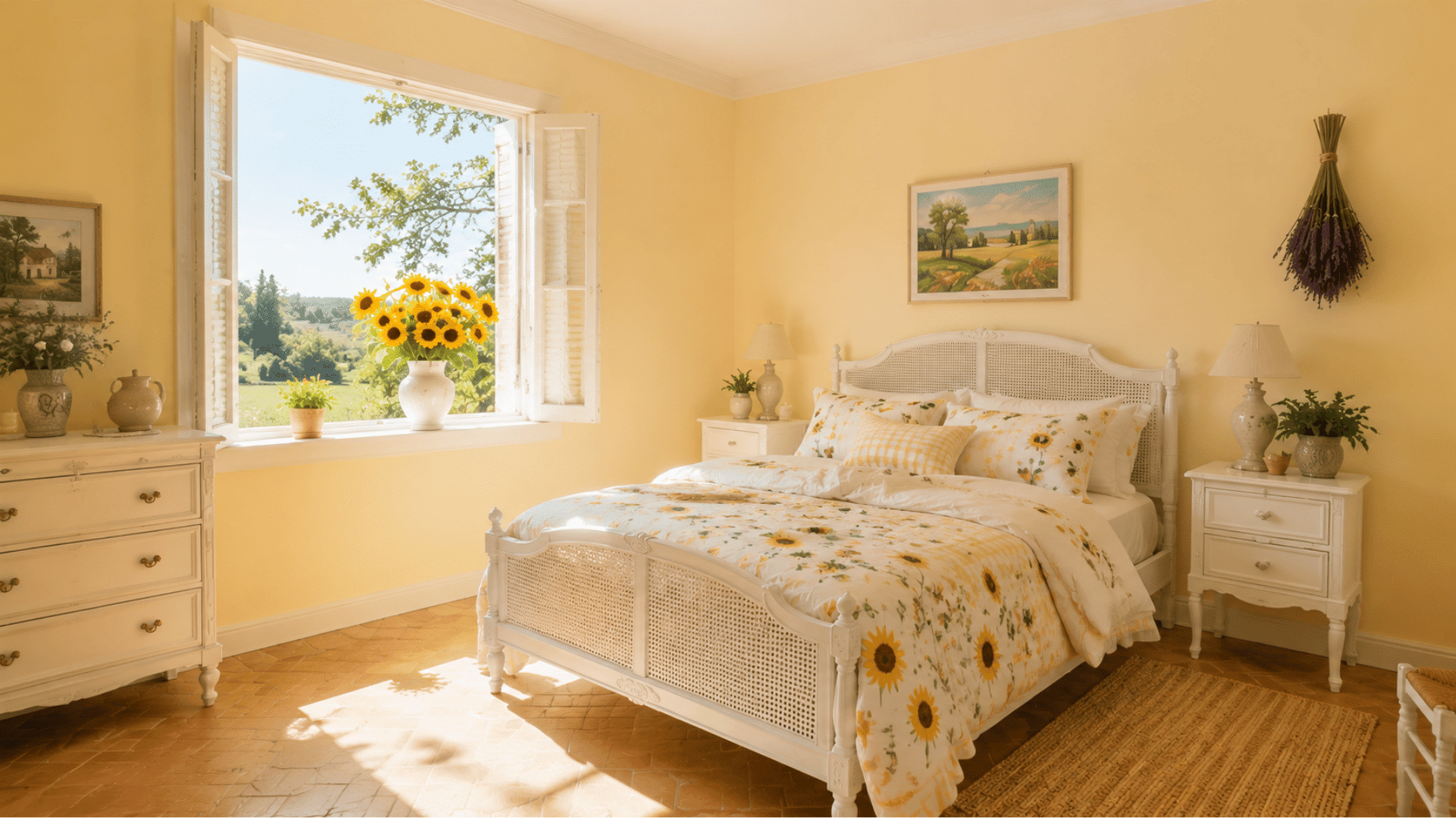 Pale vanilla yellow bedroom with Provence French countryside decor and sunflowers