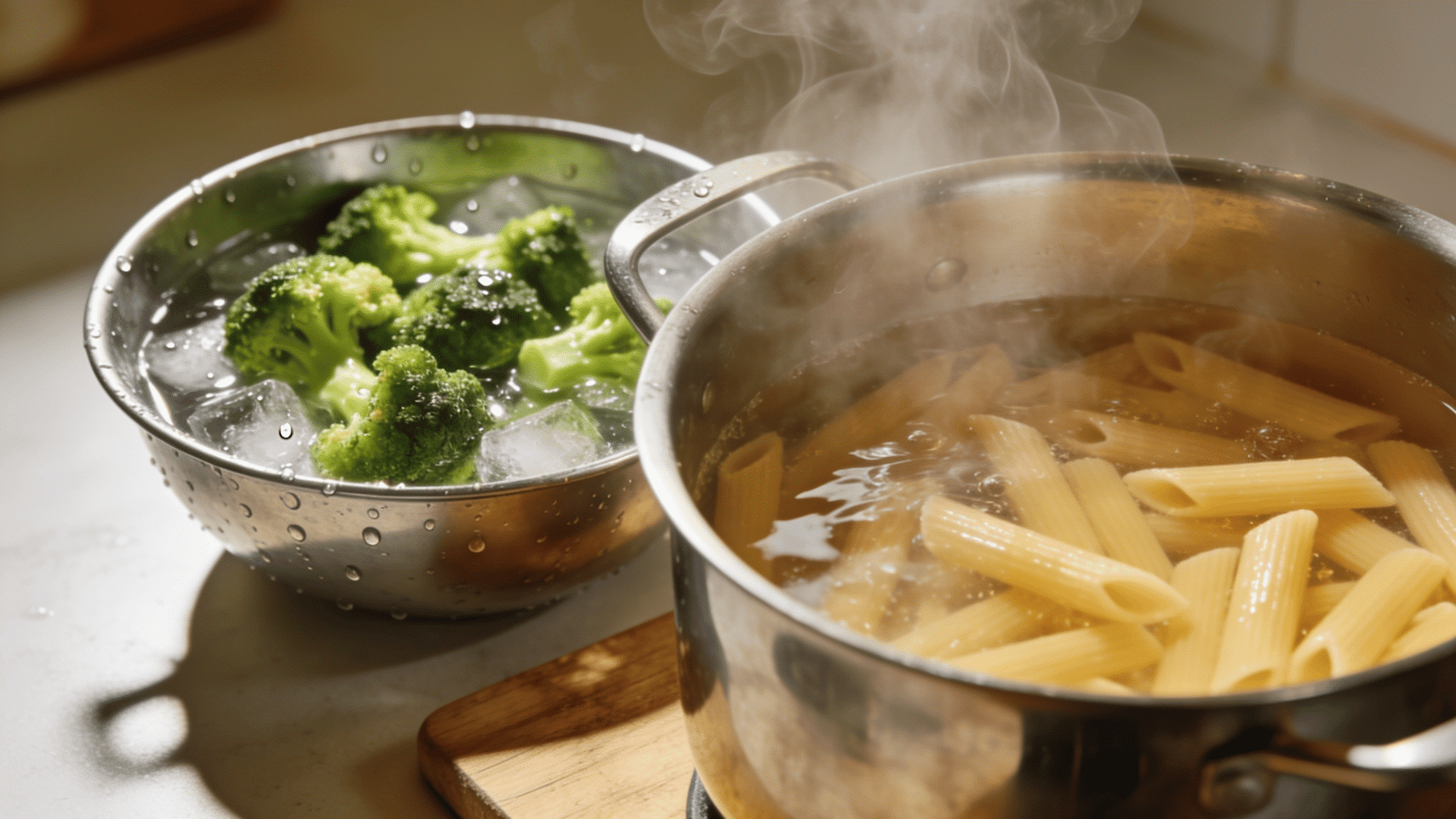 Penne pasta boiling in a pot and blanched broccoli florets resting in an ice bath