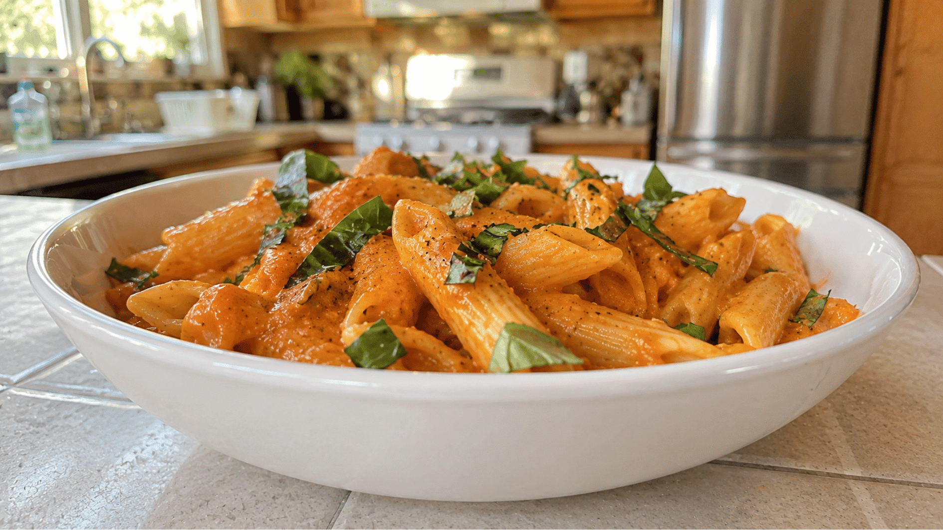 Penne pasta in creamy tomato sauce topped with fresh basil in a white bowl