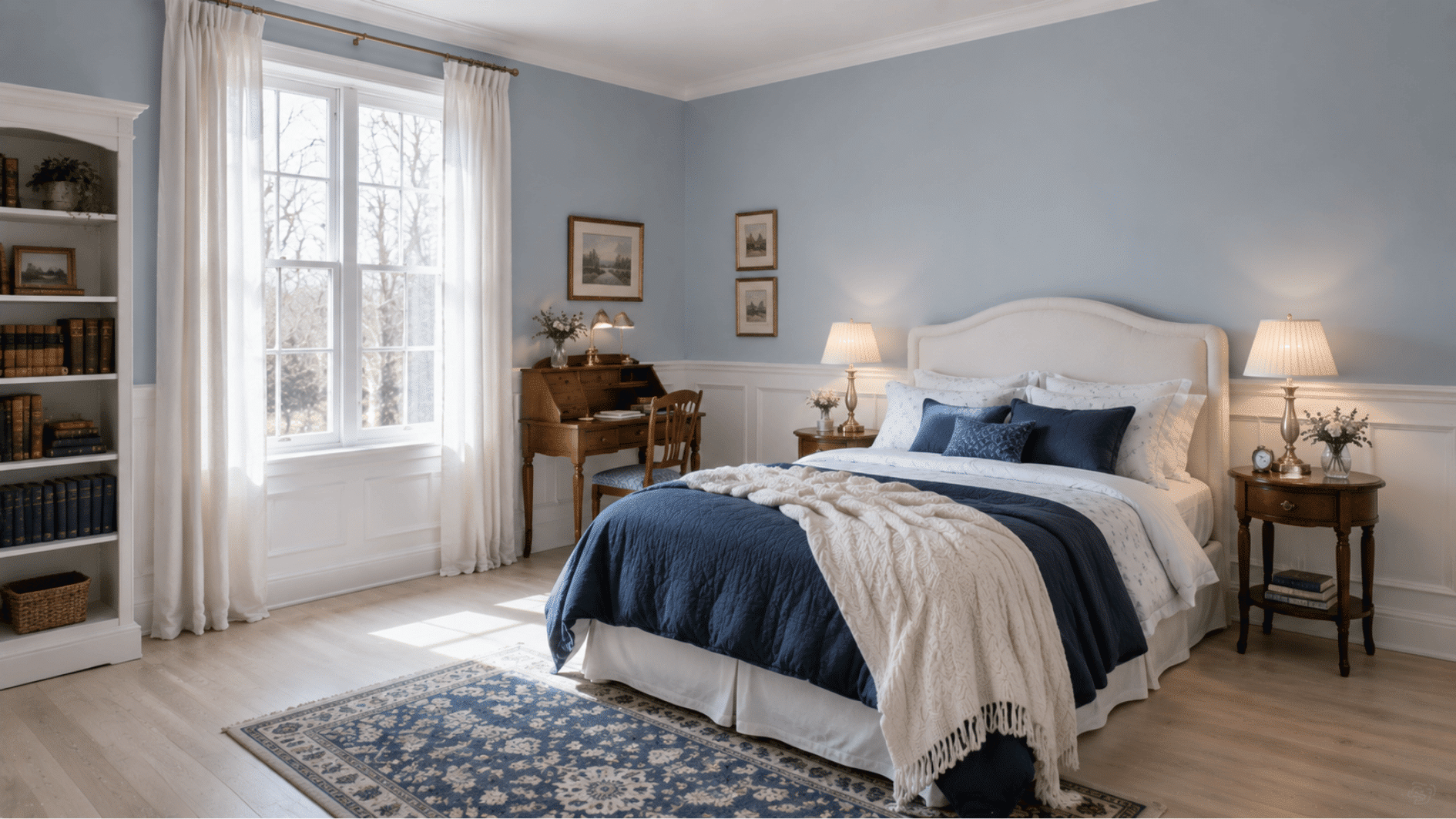 Powder blue bedroom with New England decor and white wainscoting panels