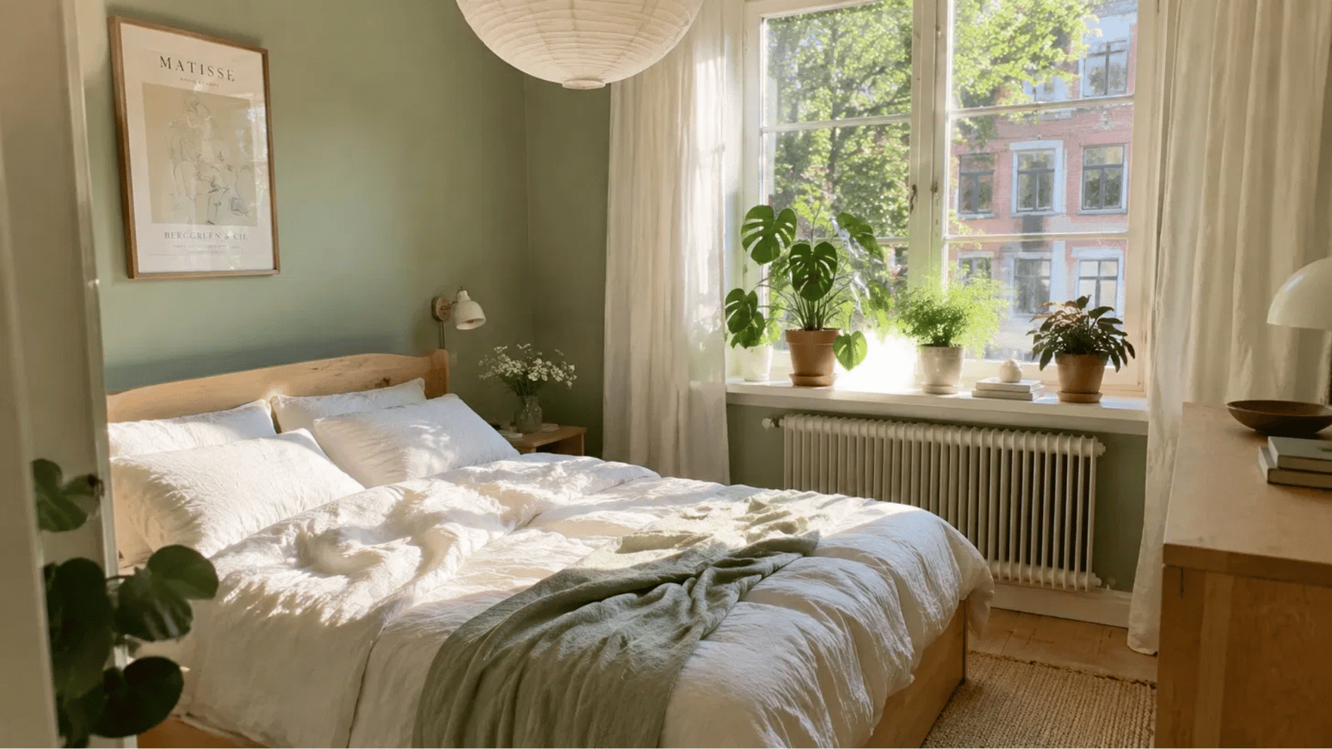 Sage green bedroom walls with Scandinavian decor and natural oak furniture