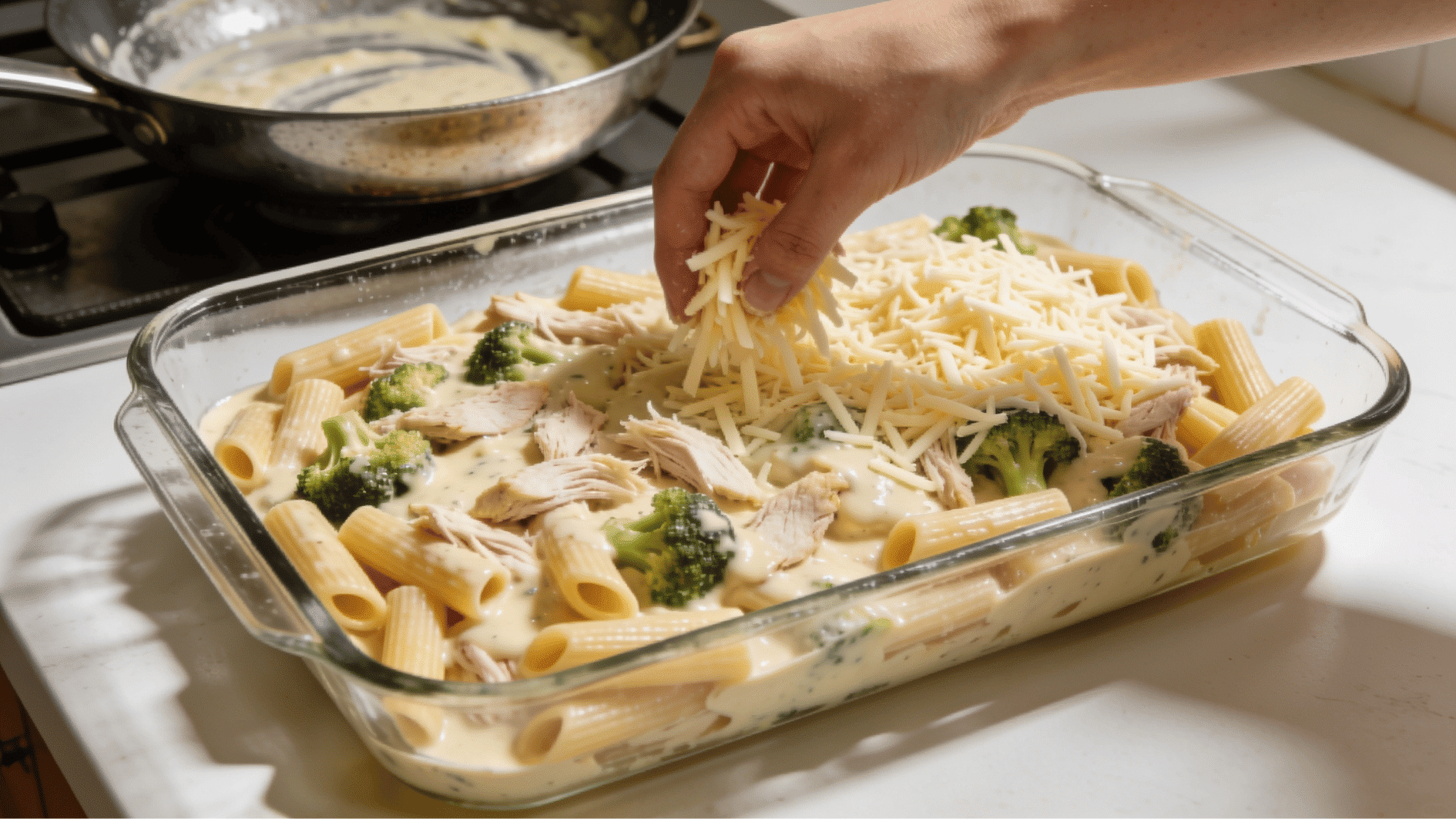 Shredded cheese being added over pasta, chicken, broccoli, and Alfredo sauce in a baking dish