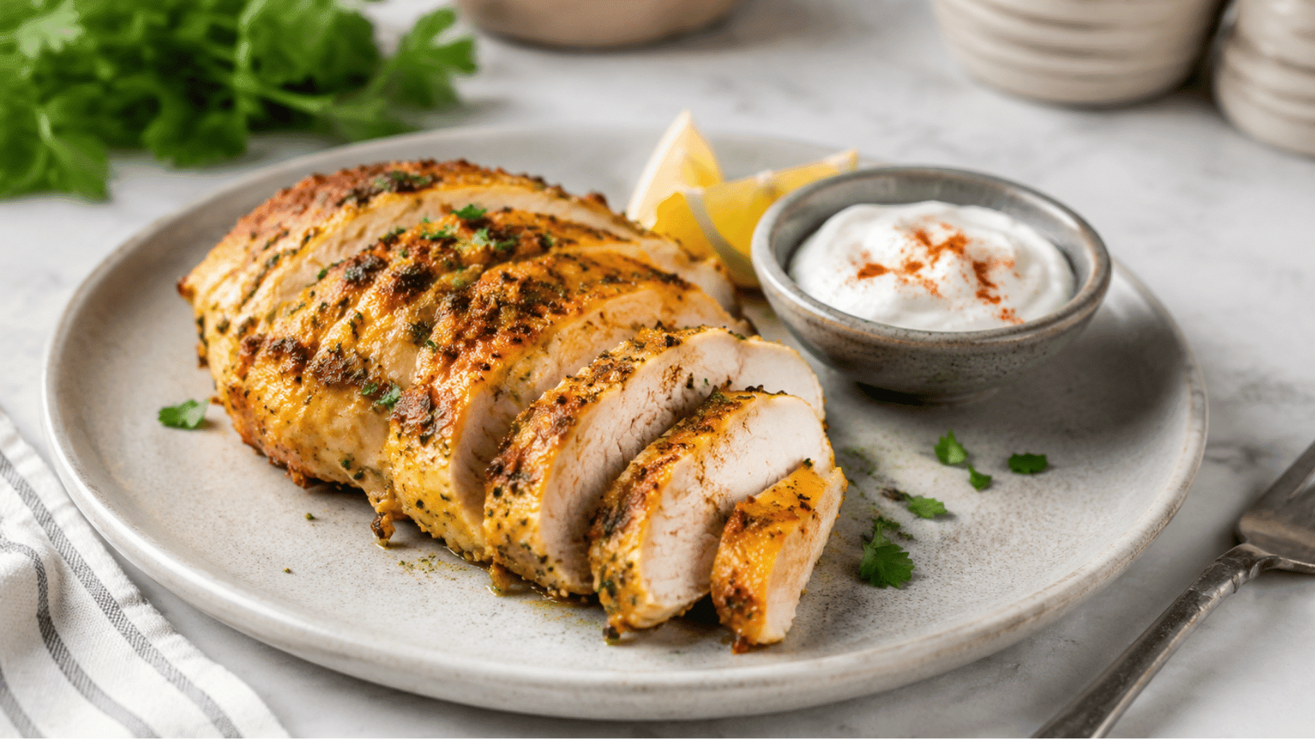 Sliced Greek yogurt baked chicken breast on a gray ceramic plate served with a bowl of paprika-dusted yogurt sauce and fresh herbs