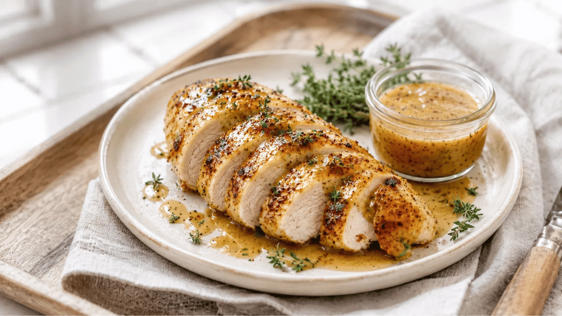 Sliced honey mustard baked chicken on a wooden tray with Dijon mustard dipping sauce and fresh thyme