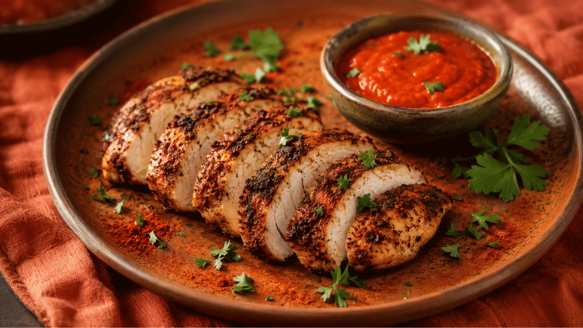 Sliced smoky paprika baked chicken on a rustic plate with roasted red pepper sauce and fresh parsley