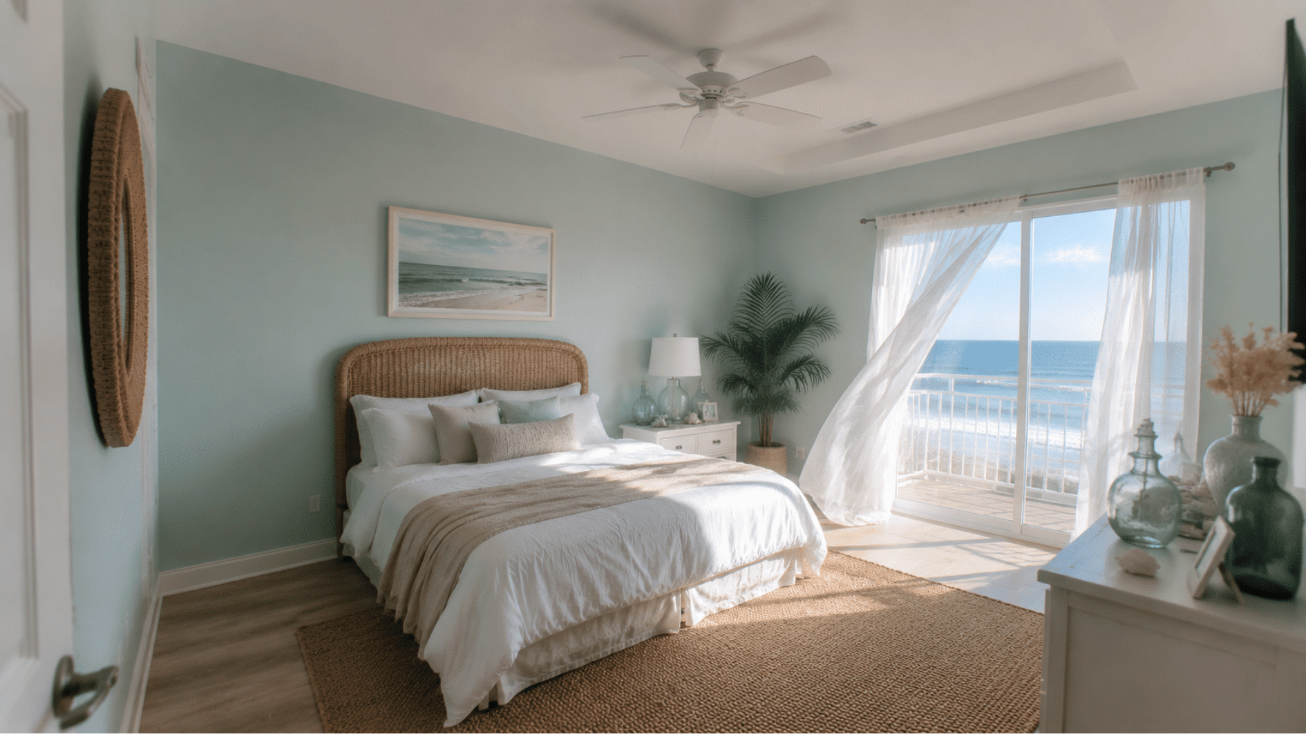 Soft blue-green bedroom with coastal decor and ocean view window