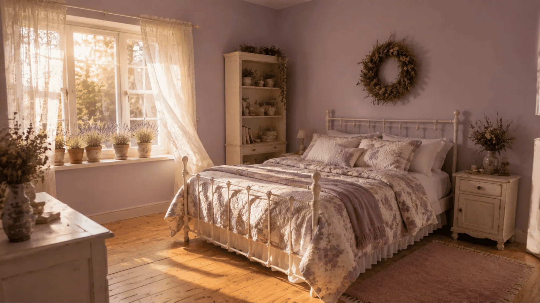 Soft lavender bedroom with cottagecore decor and white iron bed frame
