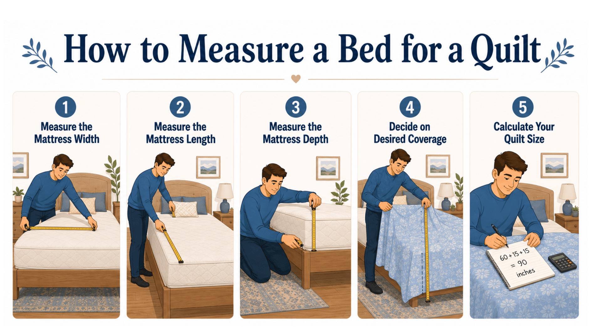 Step-by-step infographic showing a man measuring a bed for a quilt in 5 steps