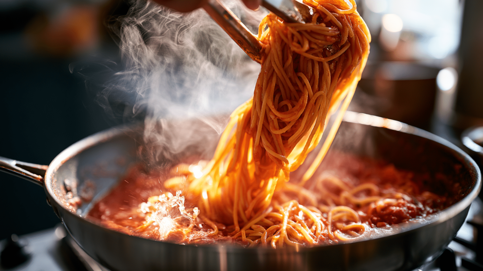 Tongs lifting spaghetti coated in red sauce from a hot pan with steam rising