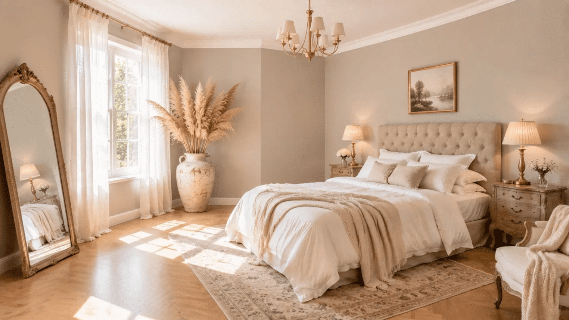 Warm greige bedroom with French country decor and herringbone oak floor
