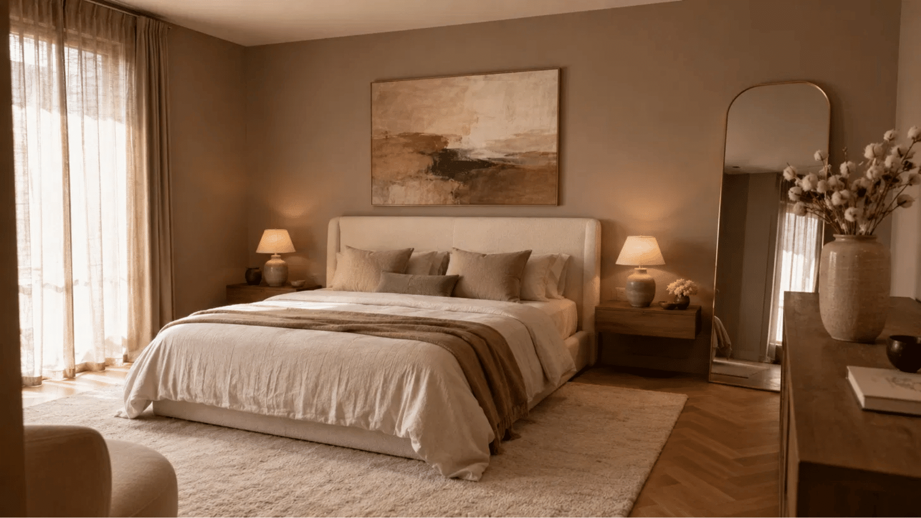Warm taupe bedroom with contemporary luxury hotel decor and bouclé headboard