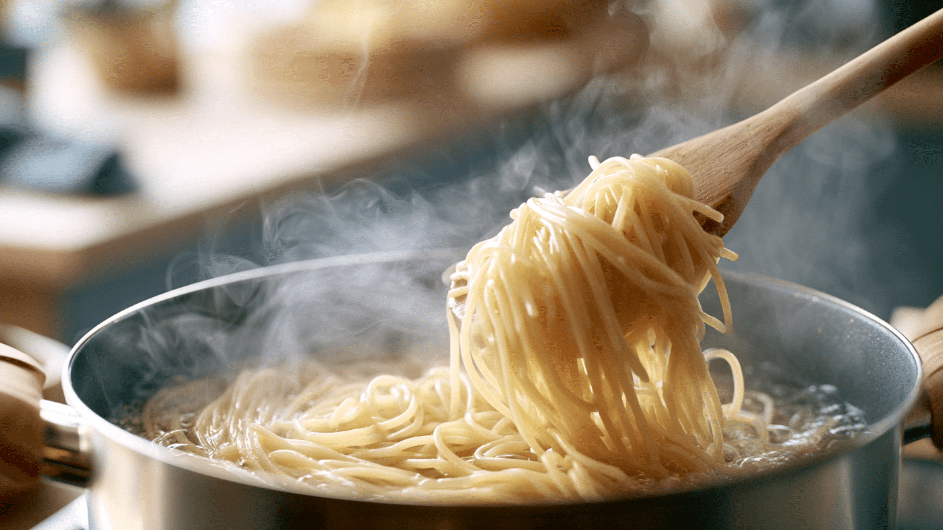 Wooden spoon lifting cooked spaghetti from a steaming pot of boiling water