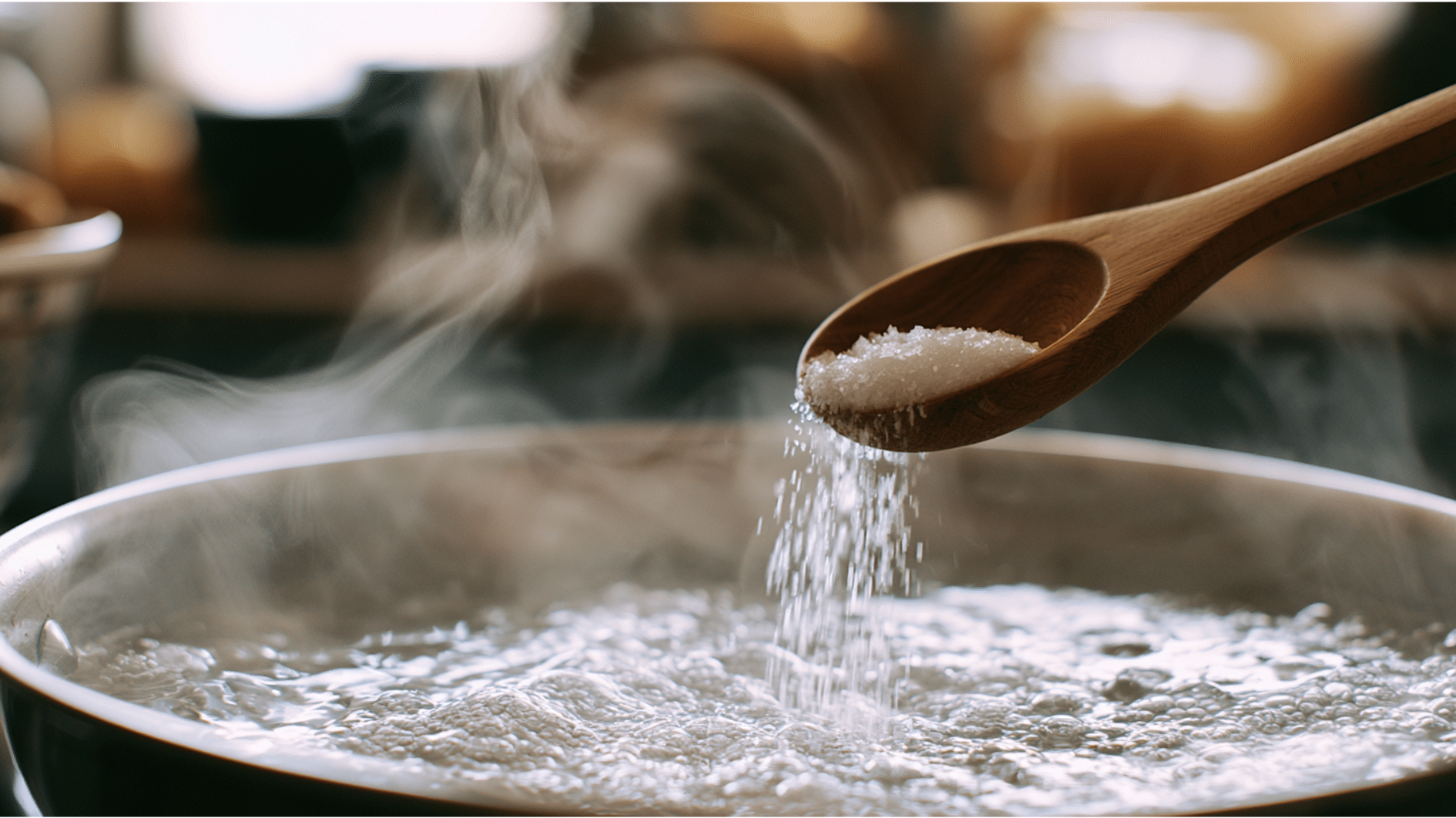 Wooden spoon sprinkling salt into a steaming pot of boiling water.