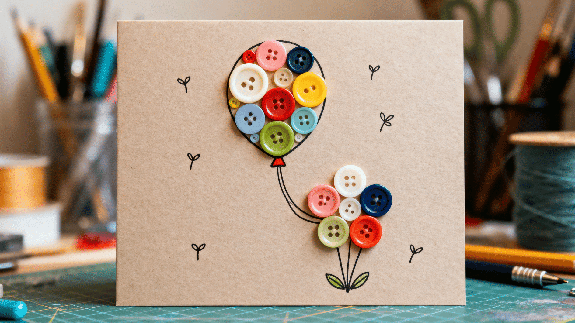a handmade greeting card with colorful buttons arranged like balloons, drawn strings, craft desk background playful creative style