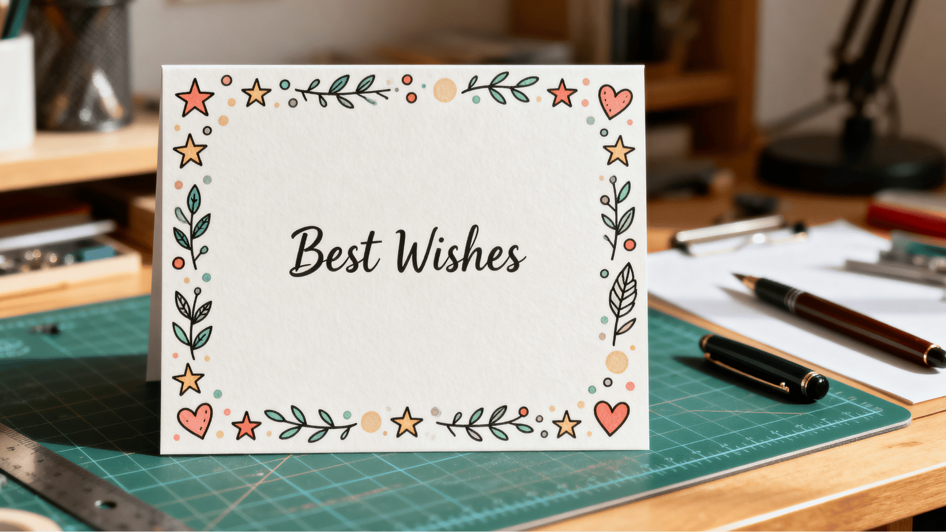 a handmade greeting card with doodle border stars hearts and leaves around blank center message, clean minimal pen drawn style