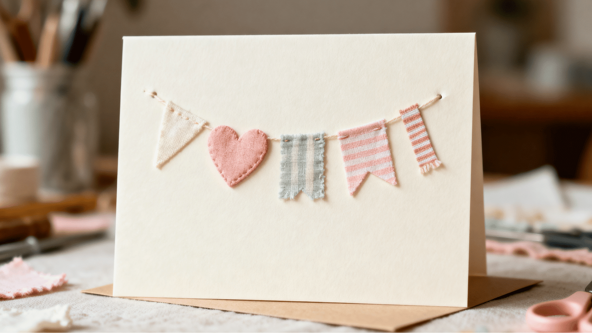 a handmade greeting card with fabric scrap hearts and strips on kraft base, soft textures, simple minimal craft table composition