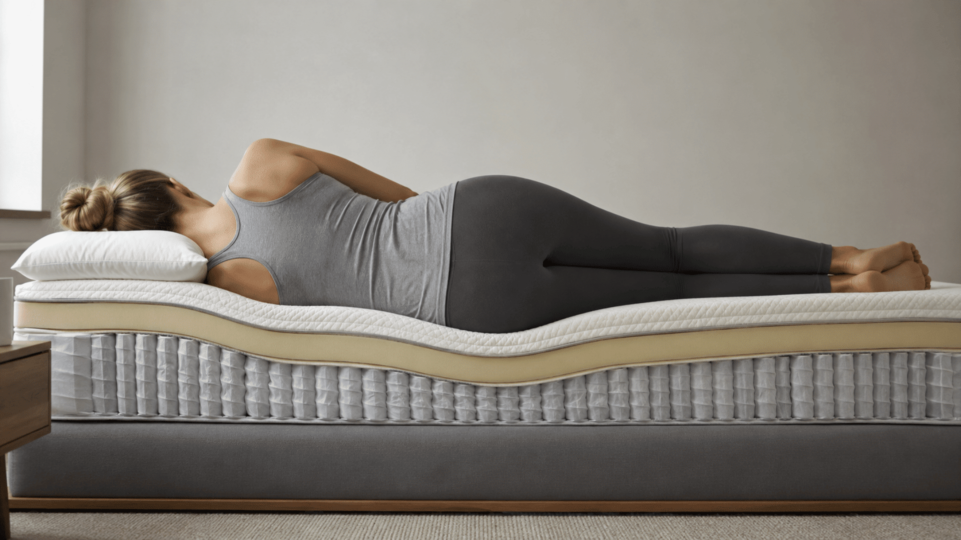 a person lying on a mattress with visible body pressure and compression, mattress slightly sinking under the shoulders, hips, and legs, clean cutaway side profile showing pressure distribution